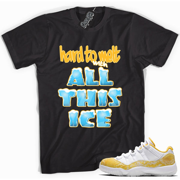 Cool black graphic tee with 'hard to melt with all this ice' print, that perfectly matches  Air Jordan 11 Retro Low Yellow Snakeskin sneakers