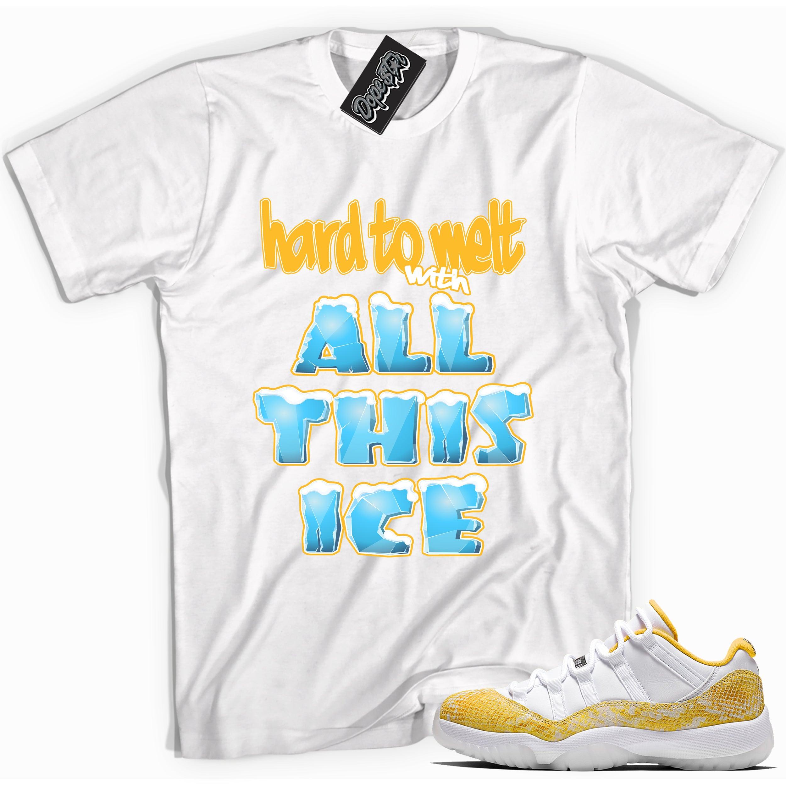Cool white graphic tee with 'hard to melt with all this ice' print, that perfectly matches Air Jordan 11 Retro Low Yellow Snakeskin sneakers