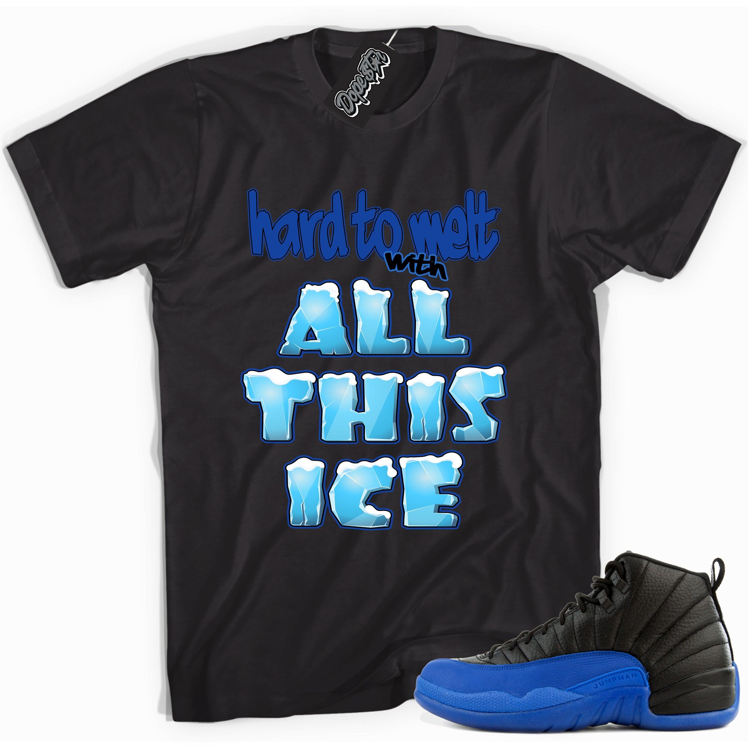 Cool black graphic tee with 'all this ice' print, that perfectly matches  Air Jordan 12 Retro Black Game Royal sneakers.