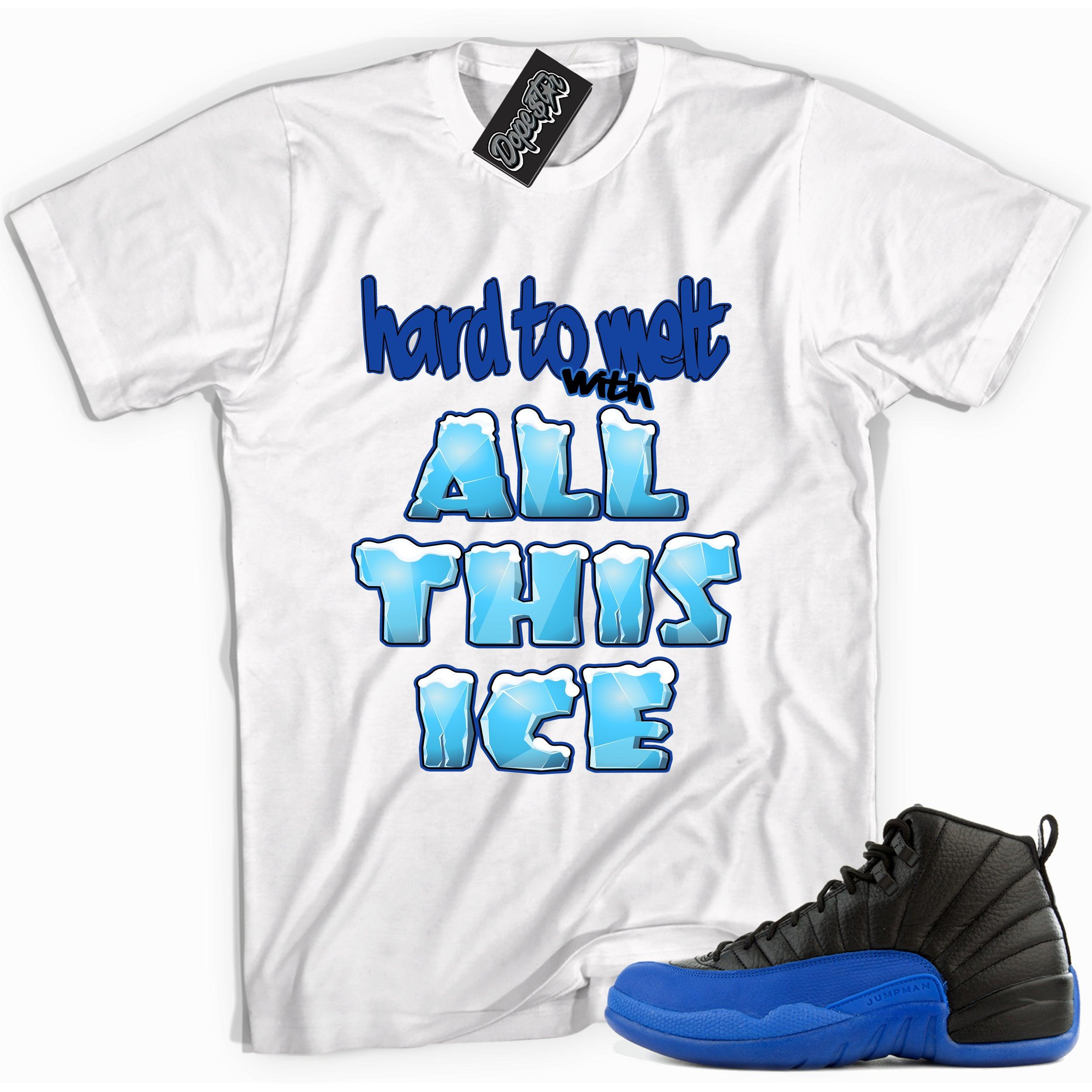 Cool white graphic tee with 'all this ice' print, that perfectly matches Air Jordan 12 Retro Black Game Royal sneakers.