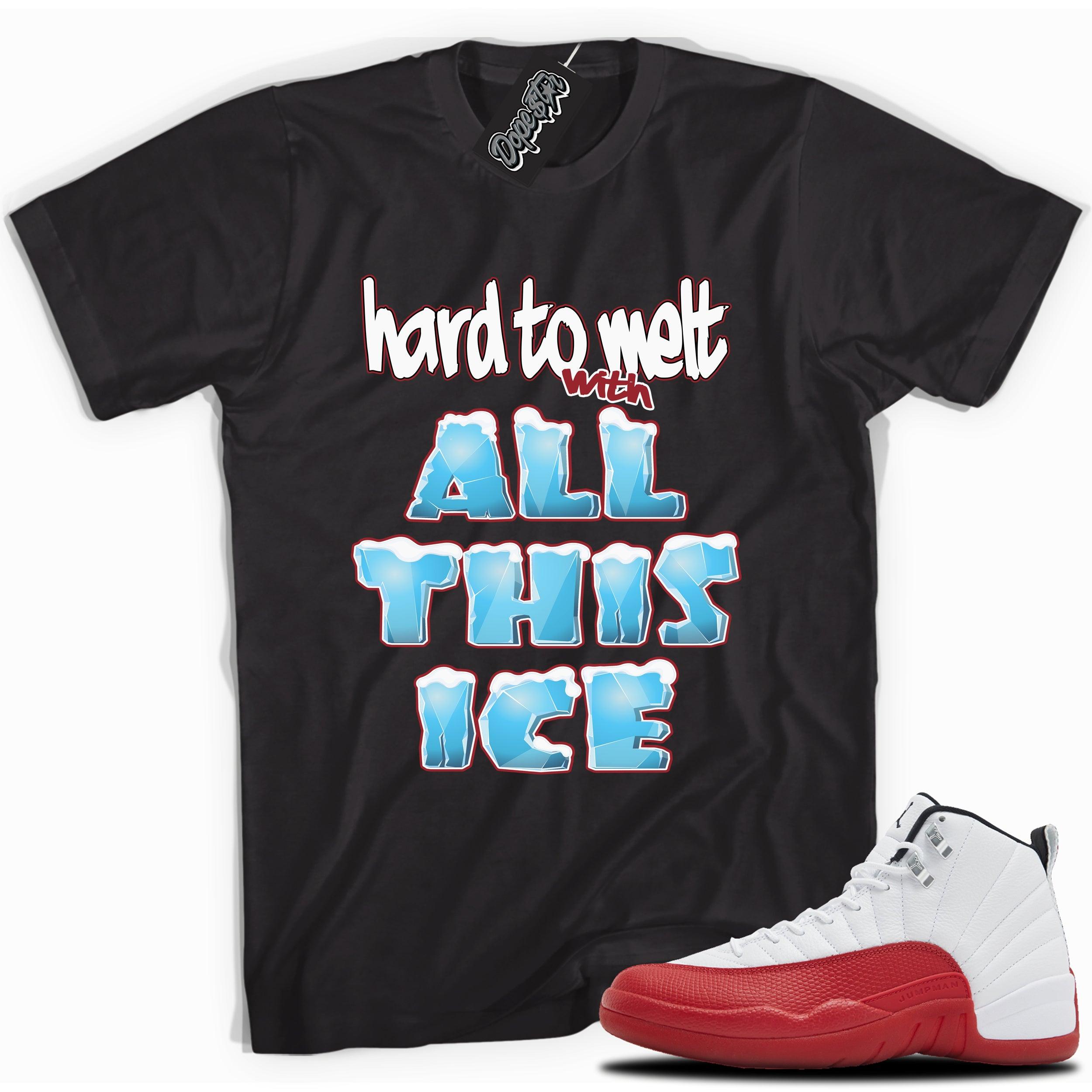 Cool Black graphic tee with “ All This Ice ” print, that perfectly matches Air Jordan 12 Retro Cherry Red 2023 red and white sneakers