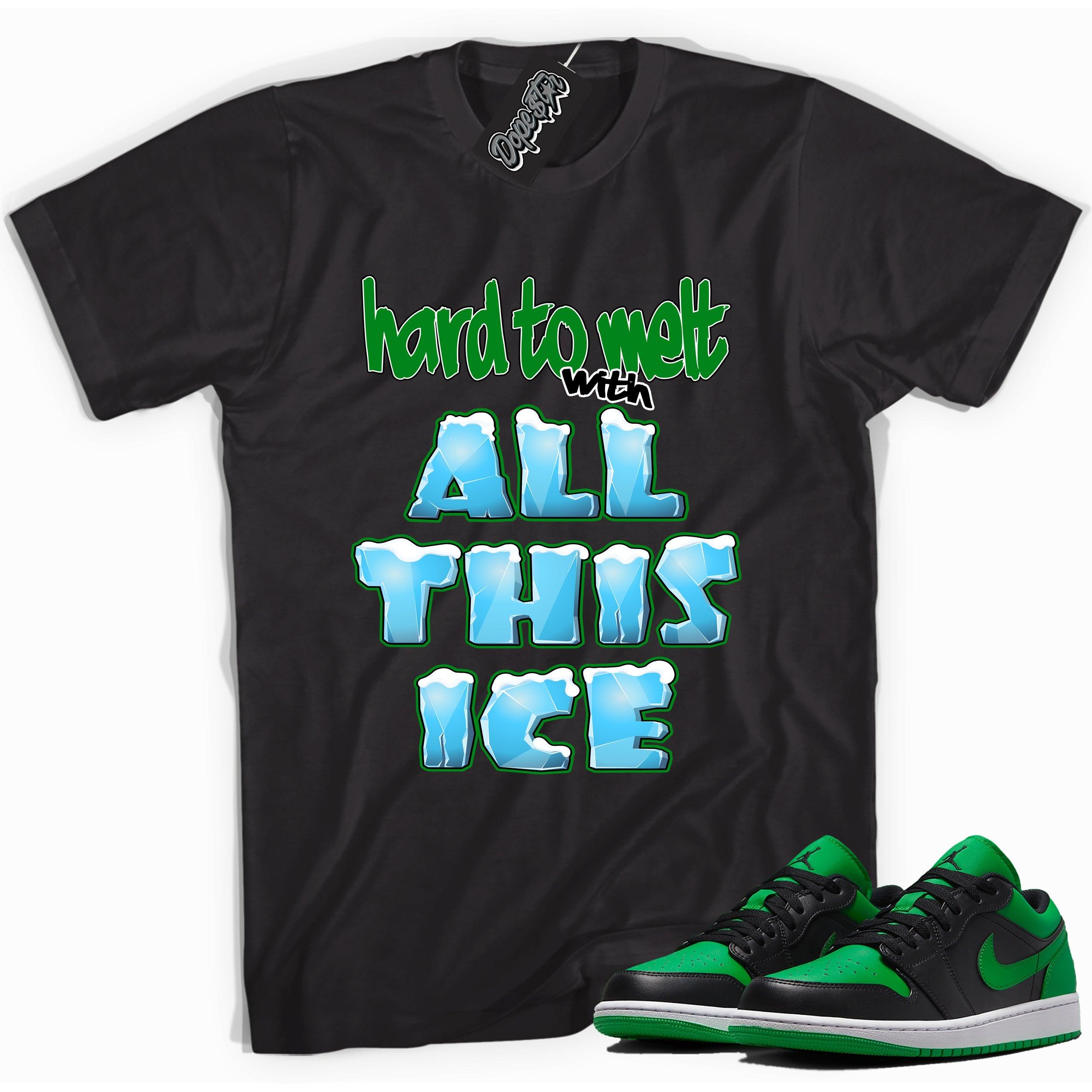 Cool black graphic tee with 'All This Ice' print, that perfectly matches Air Jordan 1 Low Lucky Green sneakers