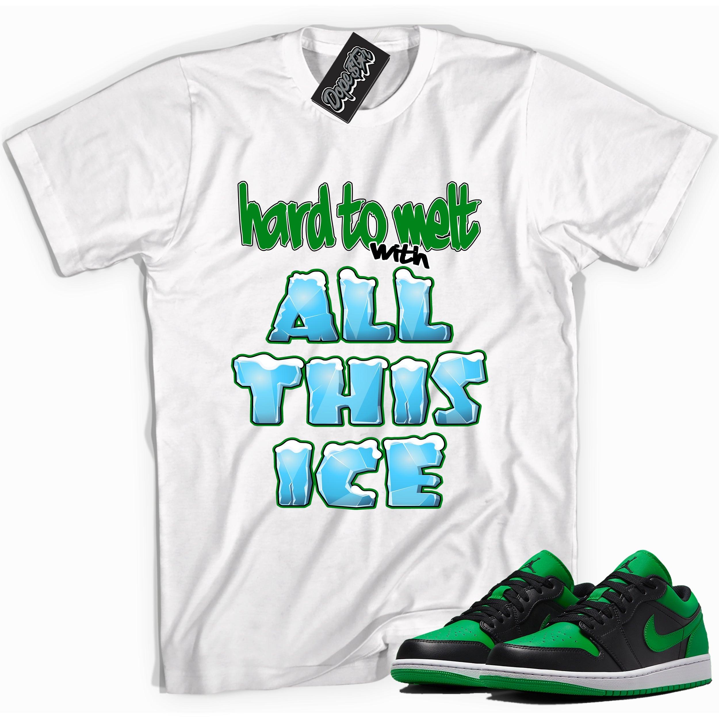 Cool white graphic tee with 'All This Ice' print, that perfectly matches Air Jordan 1 Low Lucky Green sneakers