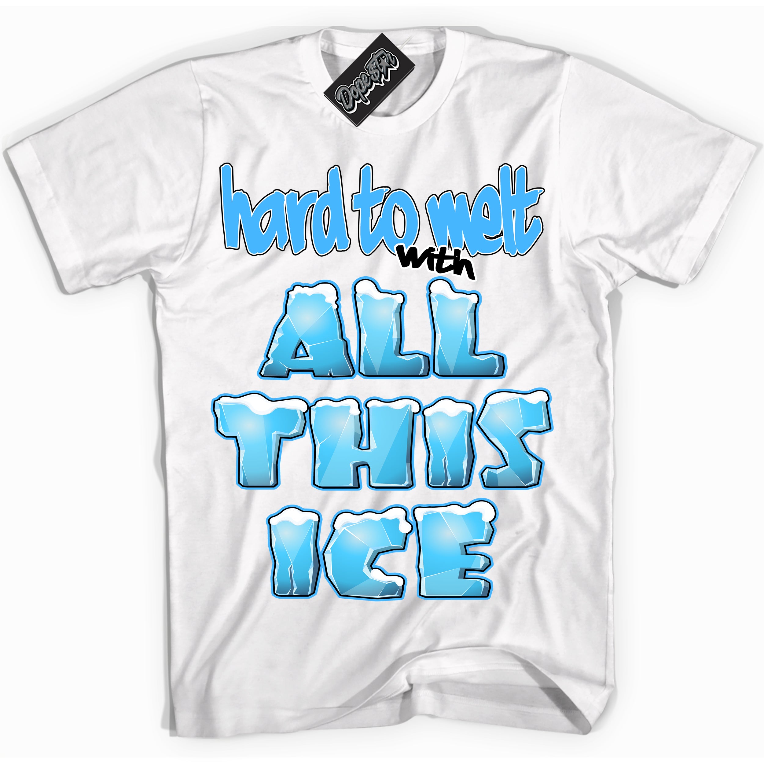 Cool White graphic tee with “ All This Ice ” design, that perfectly matches Powder Blue 9s sneakers 
