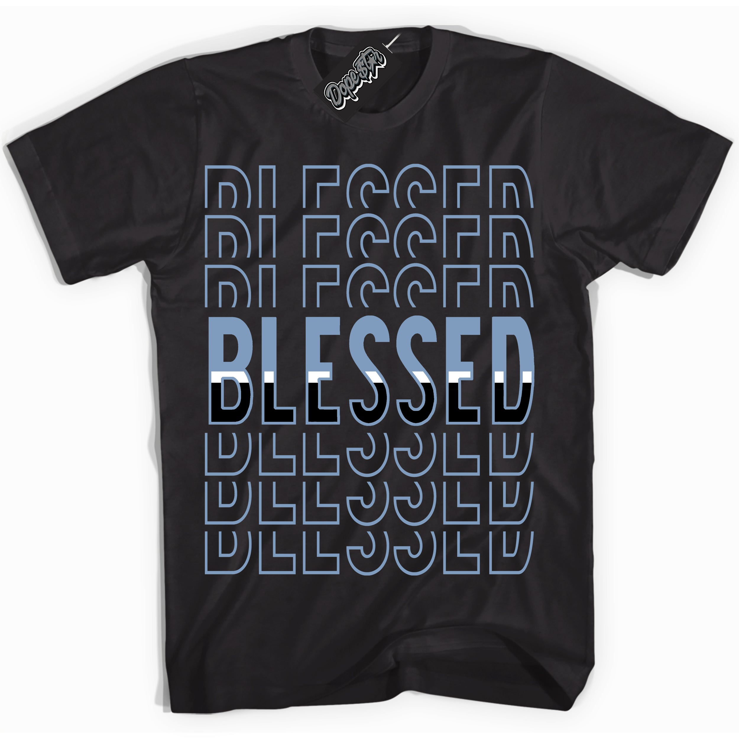 Cool Black Shirt with “ Blessed Stacked” design that perfectly matches Reverse Oreo 6s Sneakers.