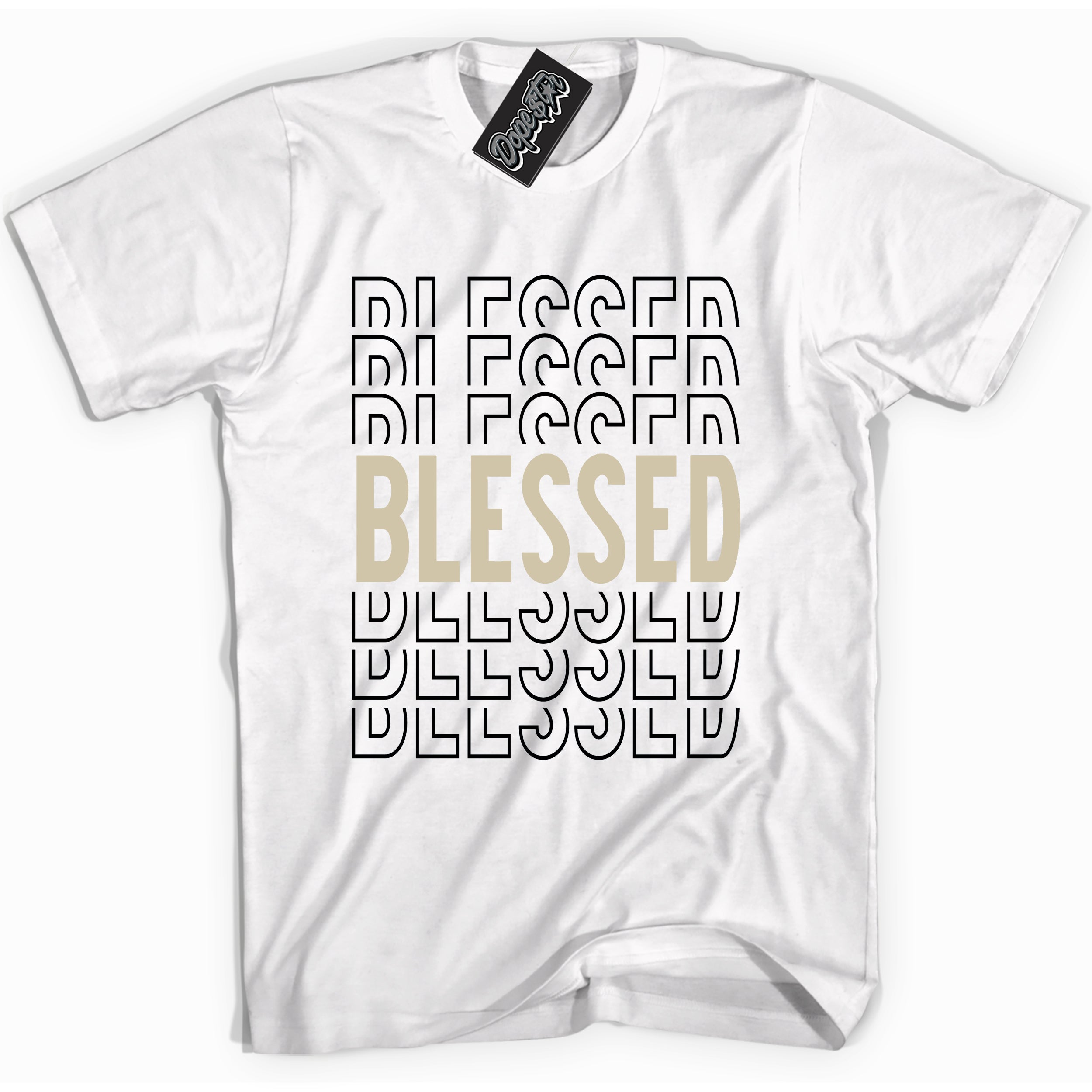 Cool White graphic tee with “ Blessed  ” print, that perfectly matches GRATITUDE 11s  sneakers 