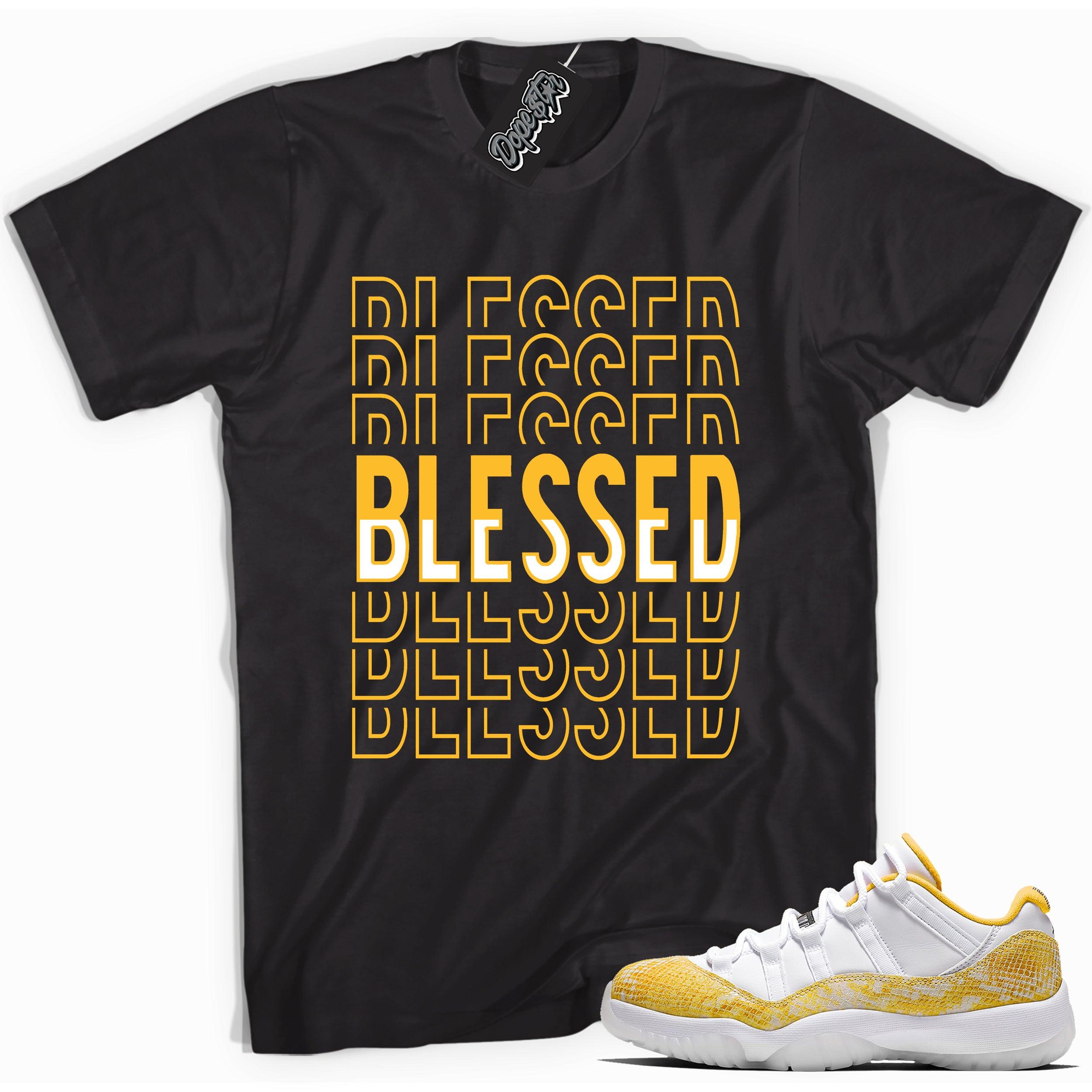 Cool black graphic tee with 'blessed' print, that perfectly matches  Air Jordan 11 Low Yellow Snakeskin sneakers