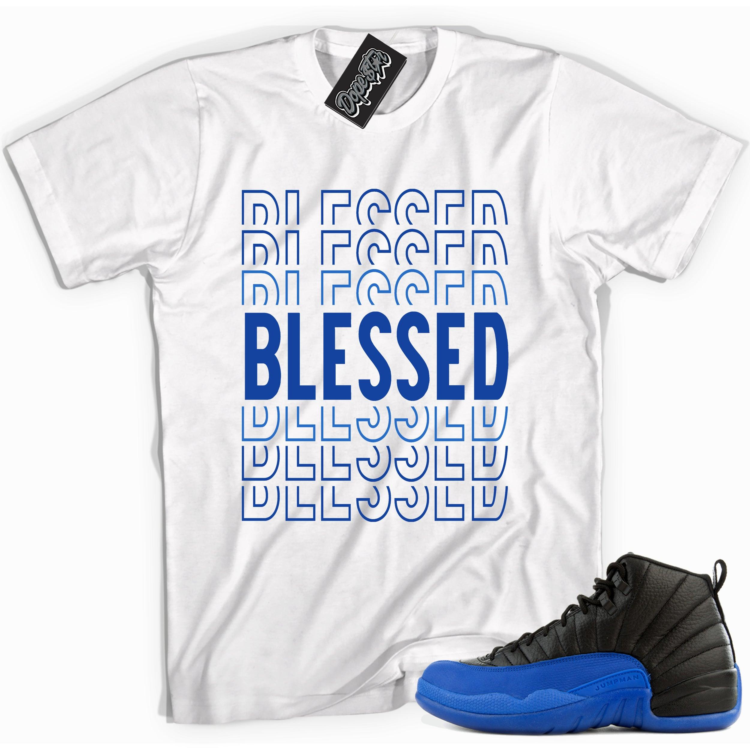 Cool white graphic tee with 'blessed' print, that perfectly matches Air Jordan 12 Retro Black Game Royal sneakers.