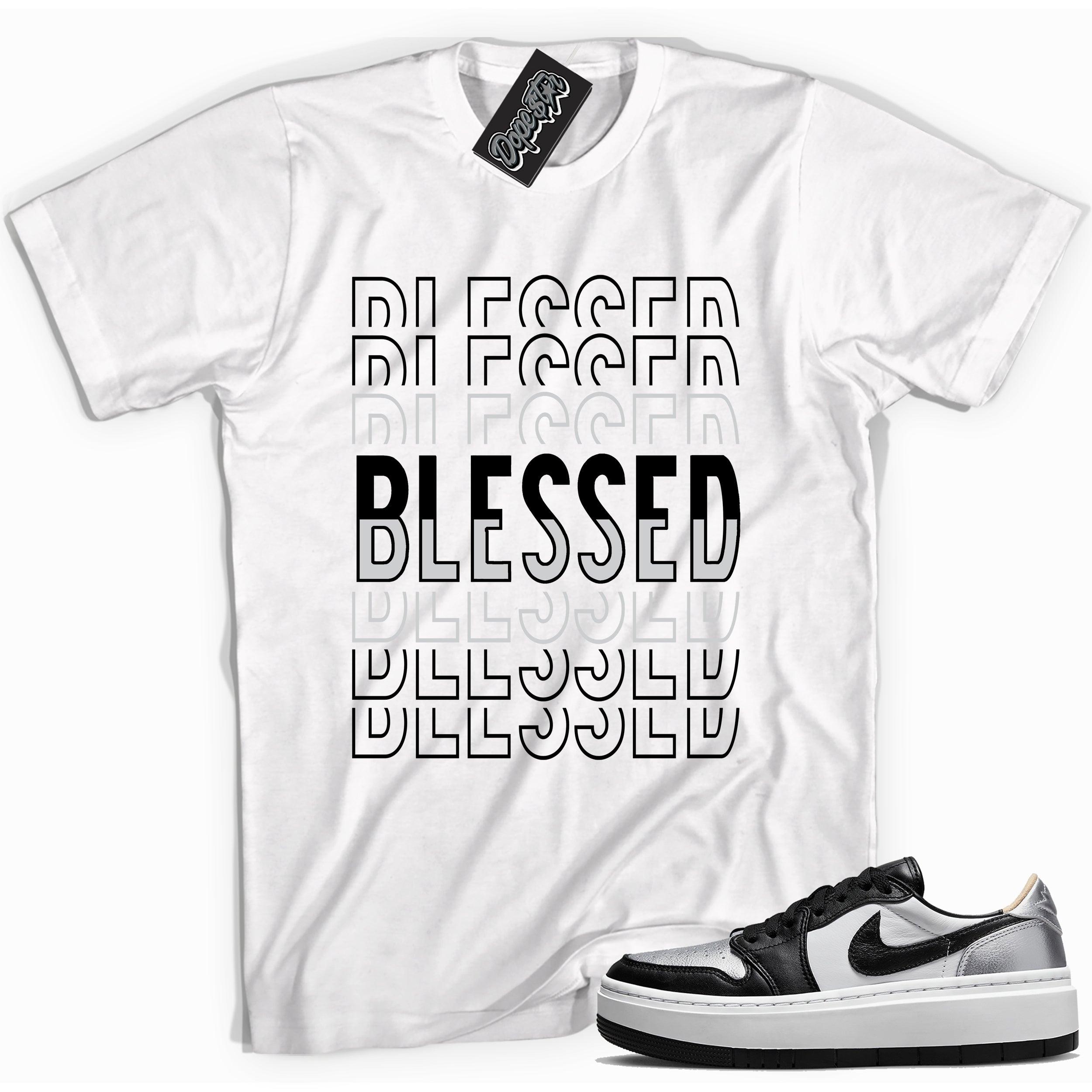 Cool white graphic tee with 'blessed' print, that perfectly matches Air Jordan 1 Elevate Low SE Silver Toe sneakers.