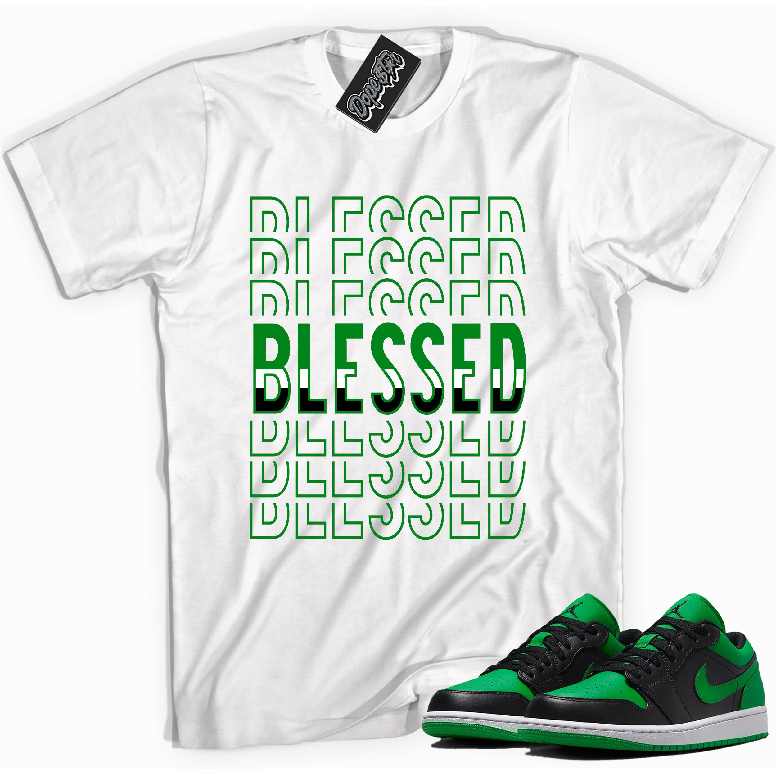 Cool white graphic tee with 'Blessed' print, that perfectly matches Air Jordan 1 Low Lucky Green sneakers