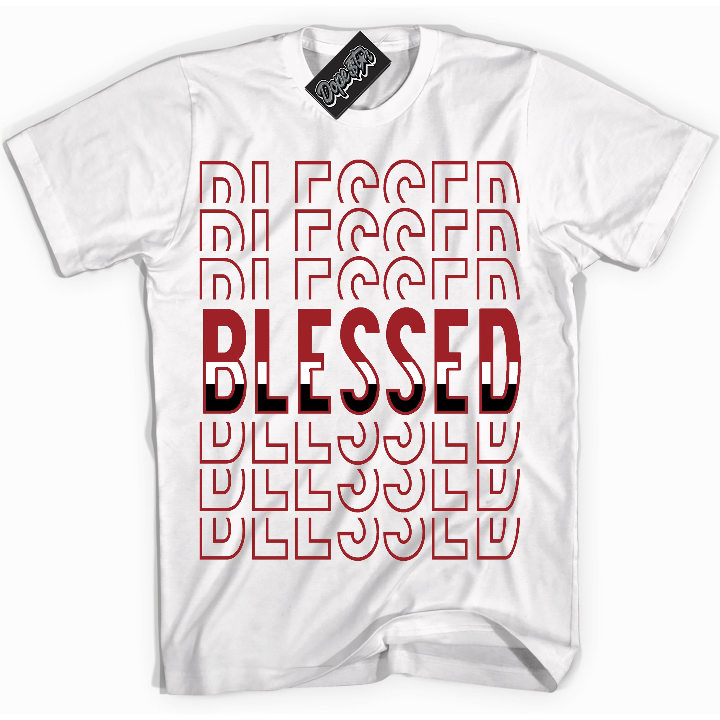 Cool White graphic tee with “ Blessed Stacked ” print, that perfectly matches Lost And Found 1s sneakers 