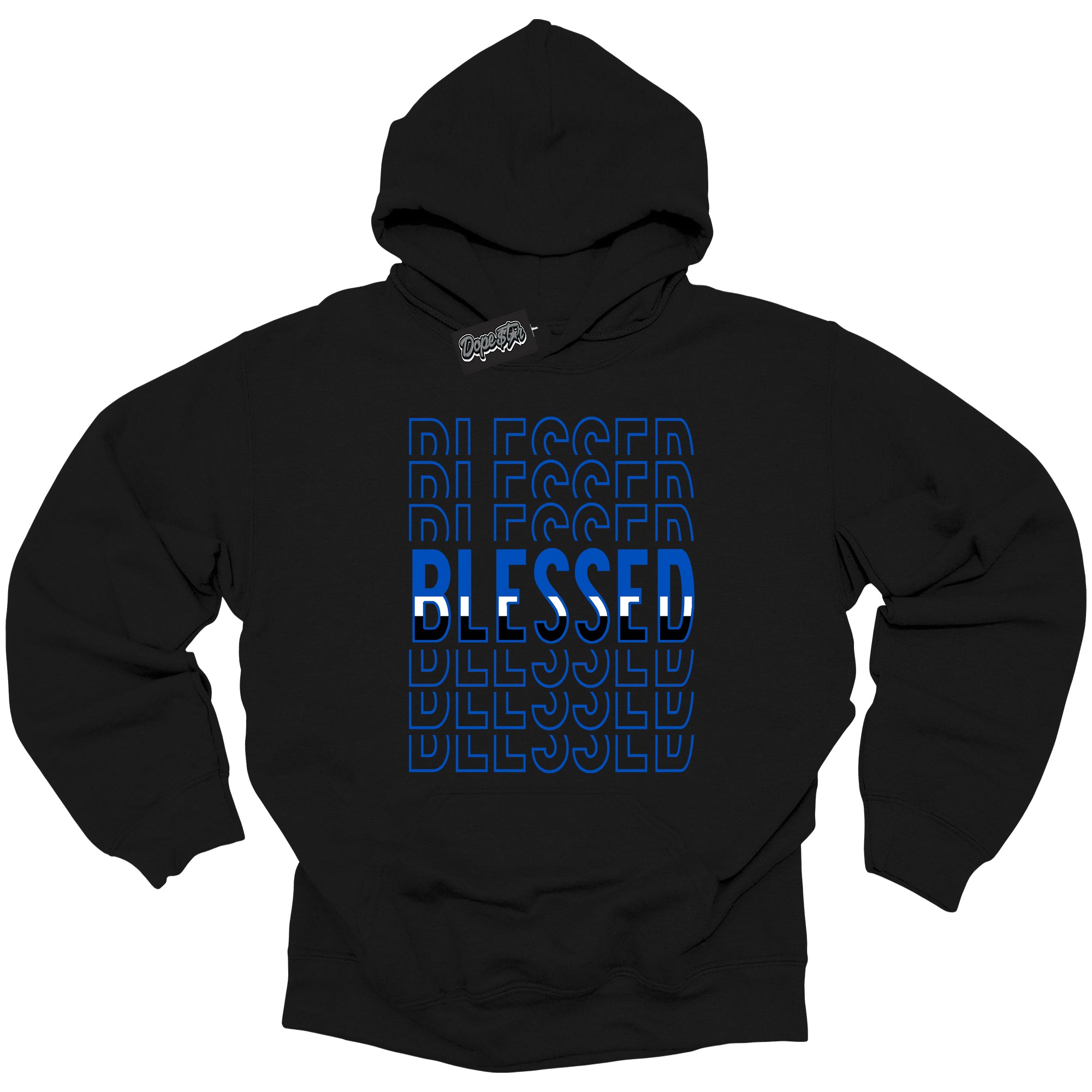 Cool Black Hoodie with “ Blessed Stacked ”  design that Perfectly Matches  Royal Reimagined 1s Sneakers.