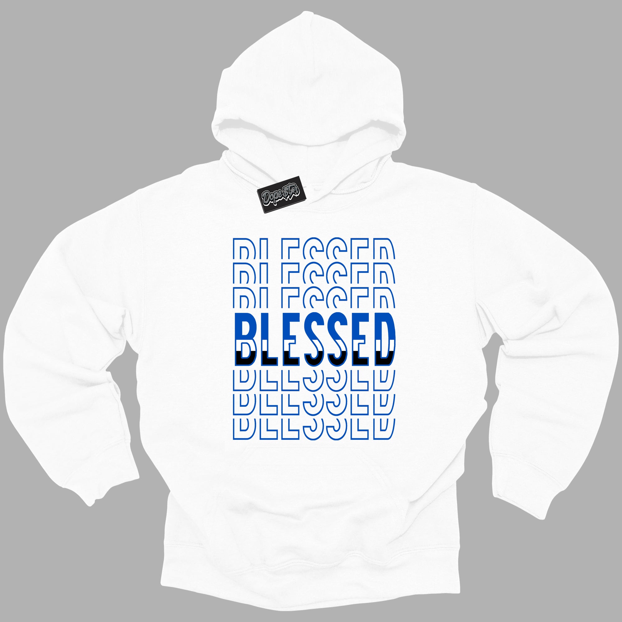 Cool White Hoodie with “ Blessed Stacked ”  design that Perfectly Matches Royal Reimagined 1s Sneakers.