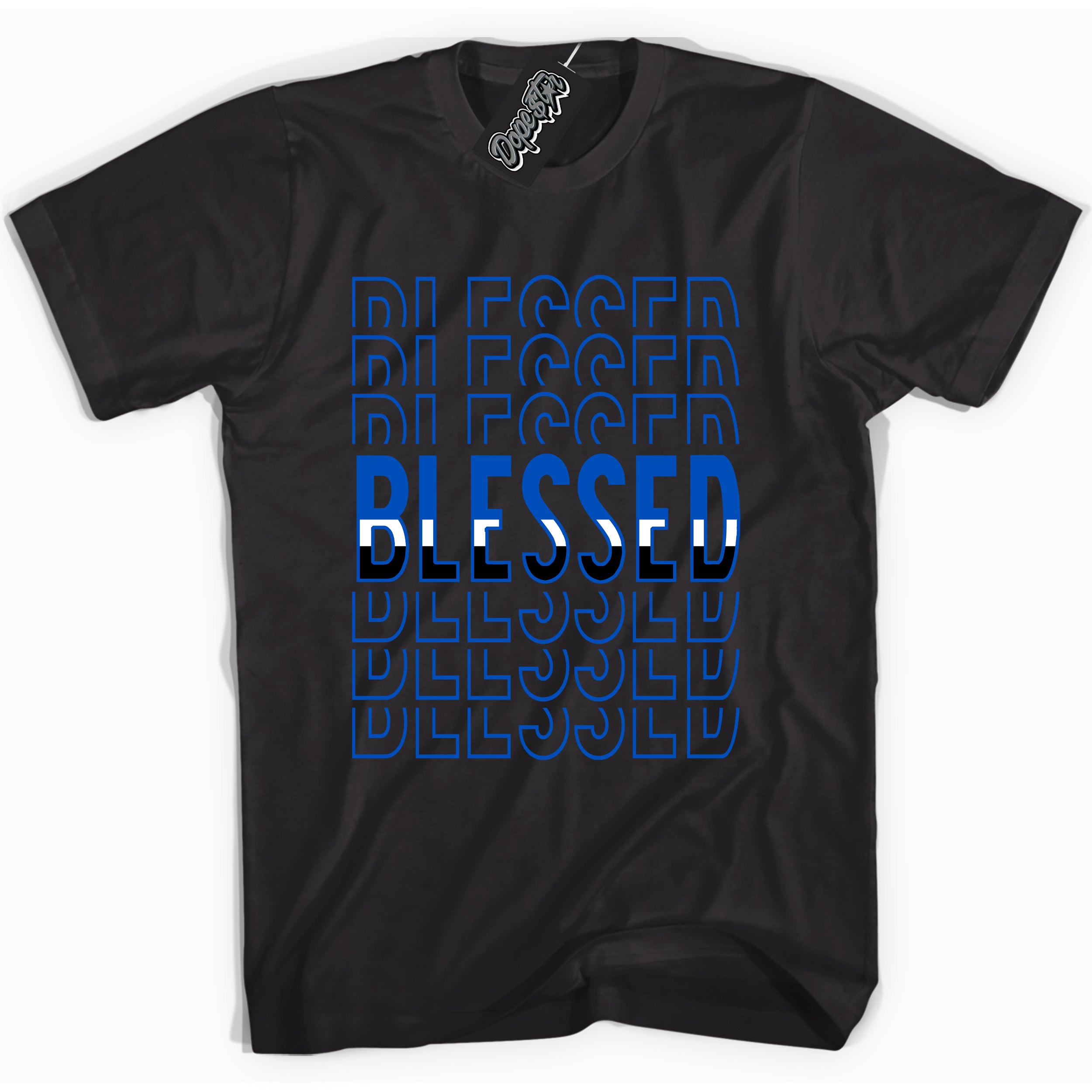 Cool Black graphic tee with Blessed Stacked print, that perfectly matches OG Royal Reimagined 1s sneakers 