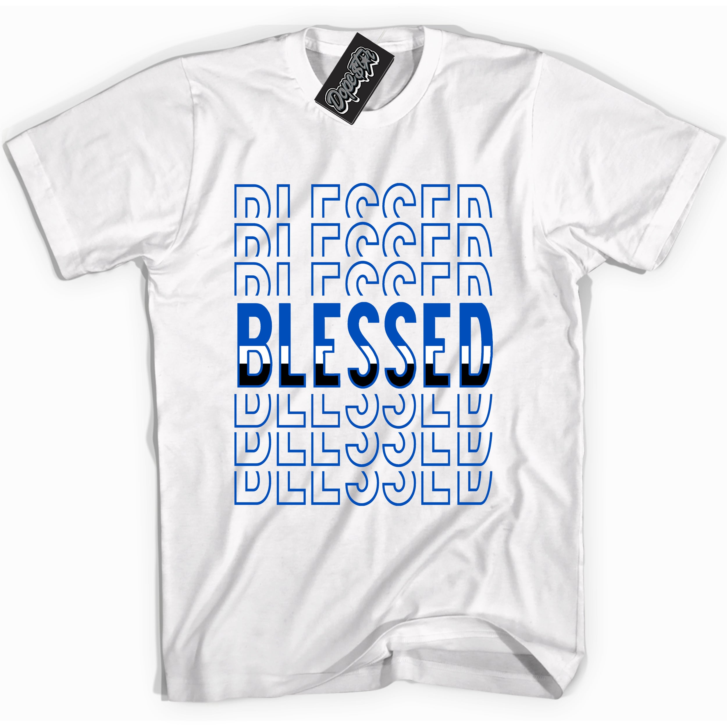 Cool White graphic tee with Blessed Stacked print, that perfectly matches OG Royal Reimagined 1s sneakers 