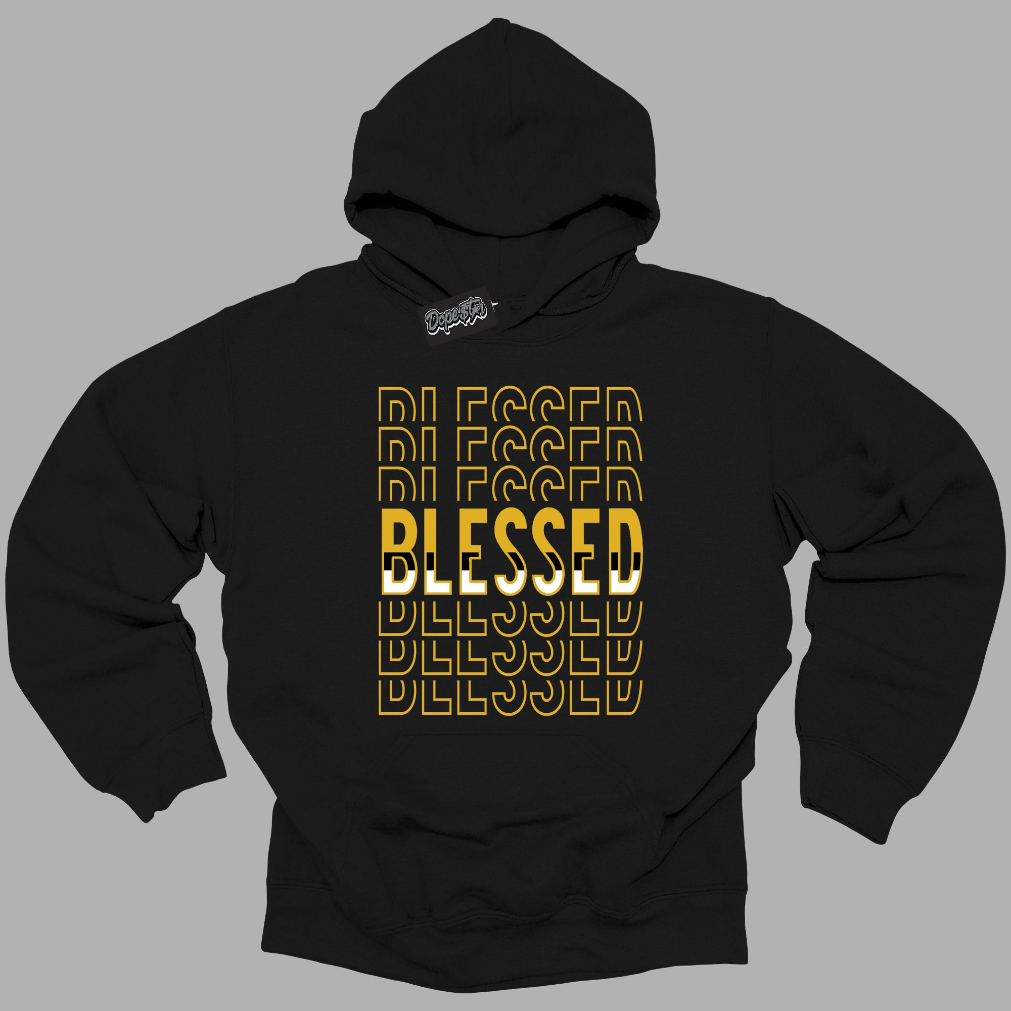 Cool Black Hoodie with “ Blessed Stacked ”  design that Perfectly Matches Yellow Ochre 6s Sneakers.