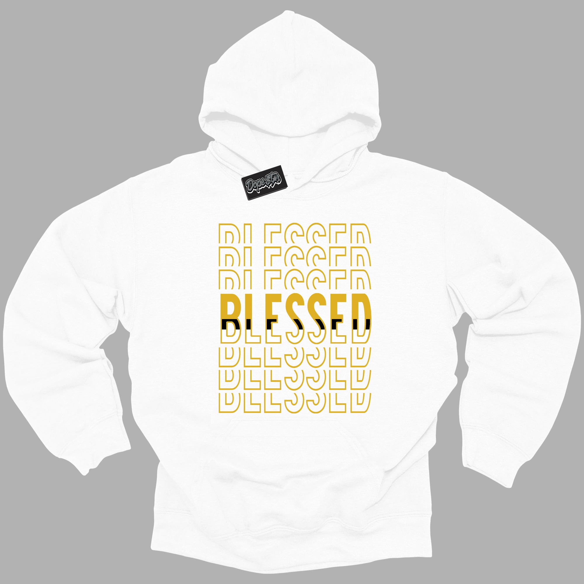 Cool White Hoodie with “ Blessed Stacked ”  design that Perfectly Matches Yellow Ochre 6s Sneakers.