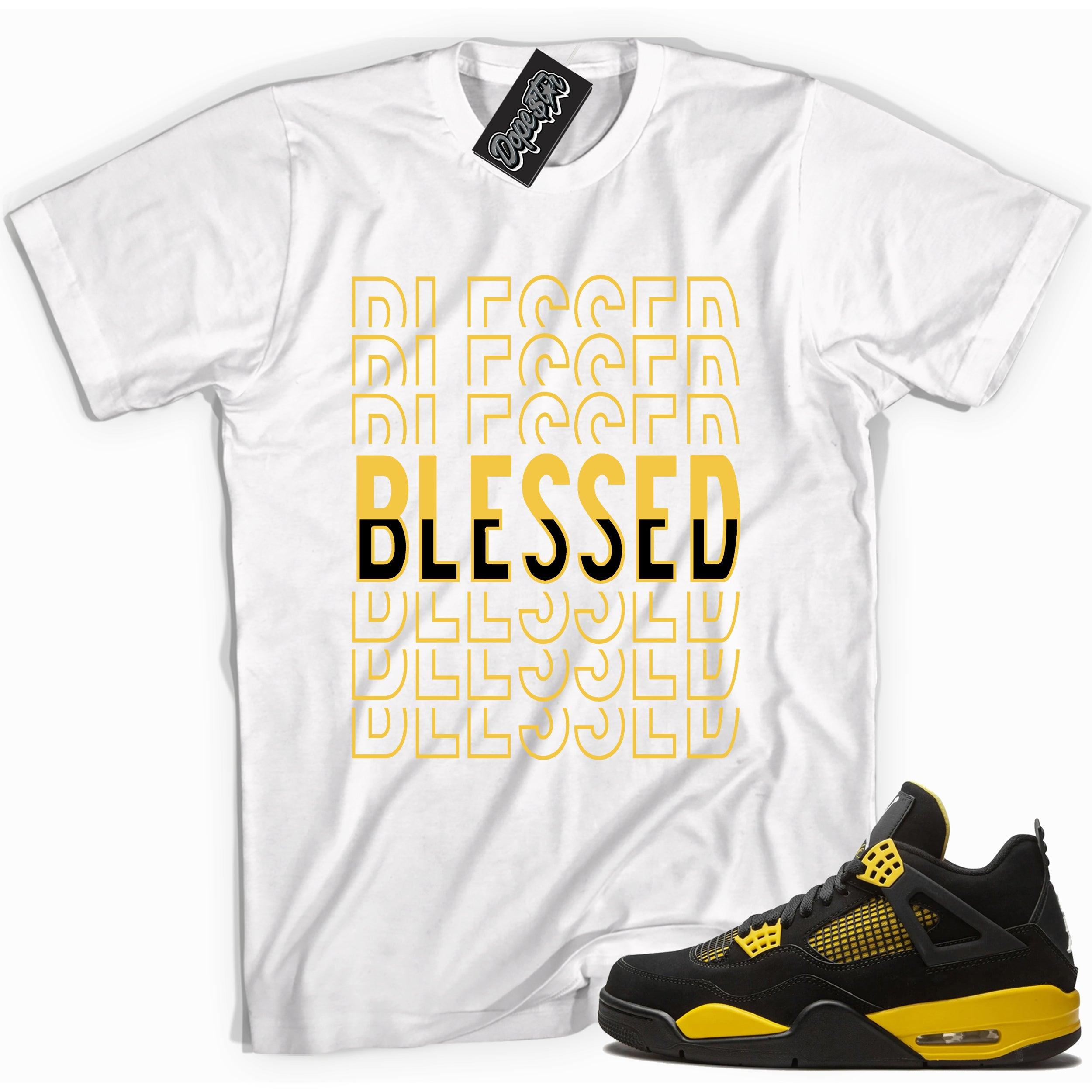 Cool white graphic tee with 'blessed' print, that perfectly matches Air Jordan 4 Thunder sneakers
