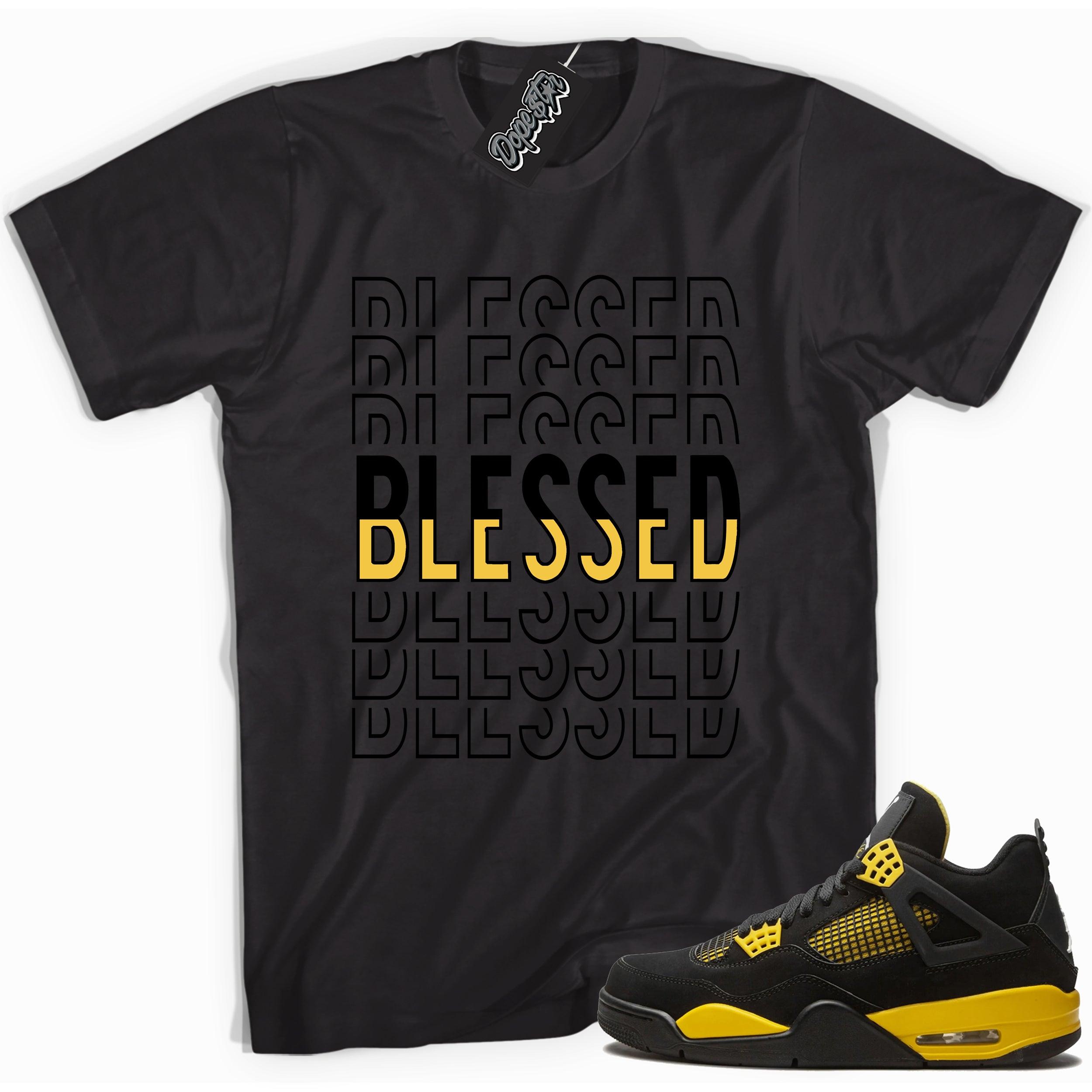 Cool black graphic tee with 'blessed' print, that perfectly matches  Air Jordan 4 Thunder sneakers