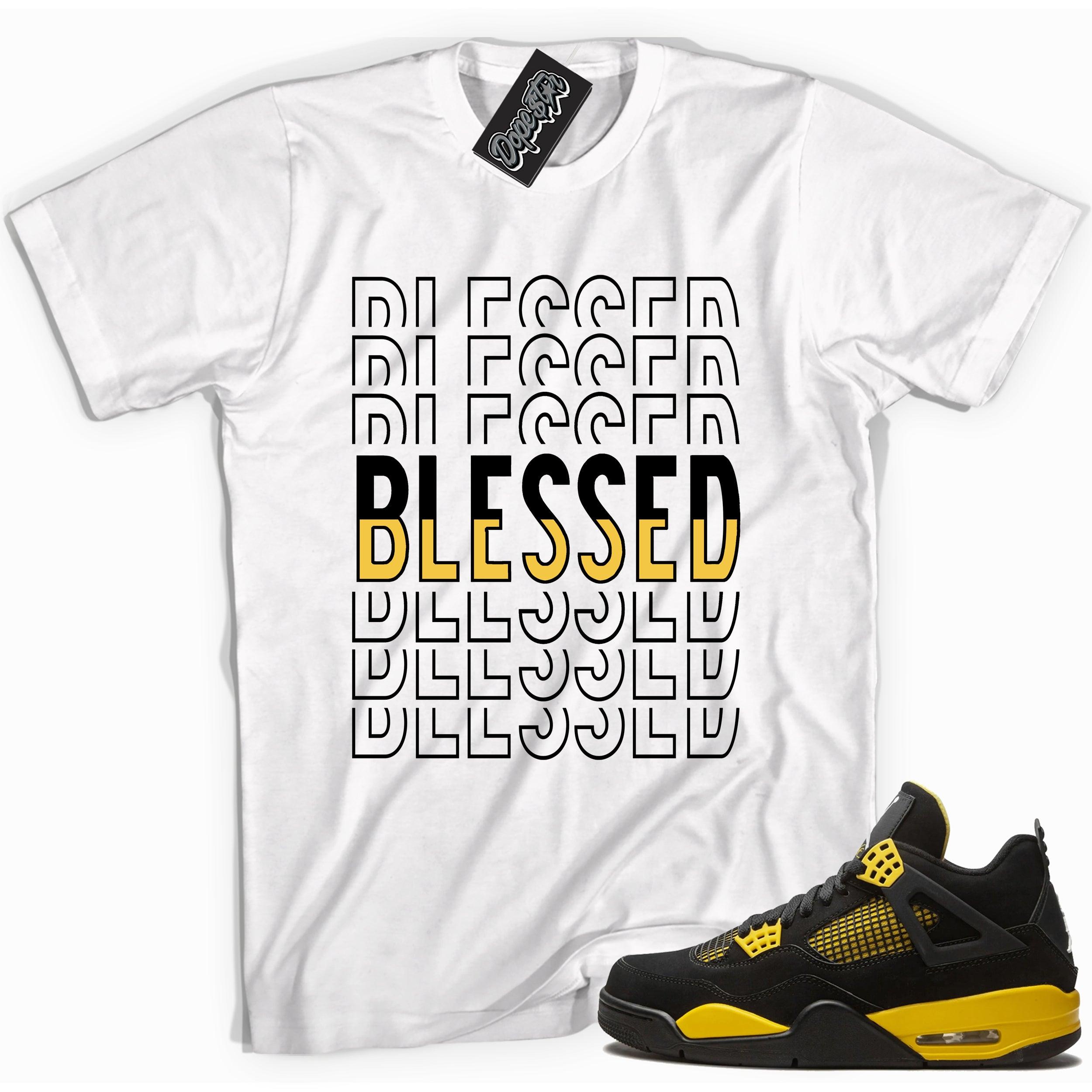 Cool white graphic tee with 'blessed' print, that perfectly matches Air Jordan 4 Thunder sneakers