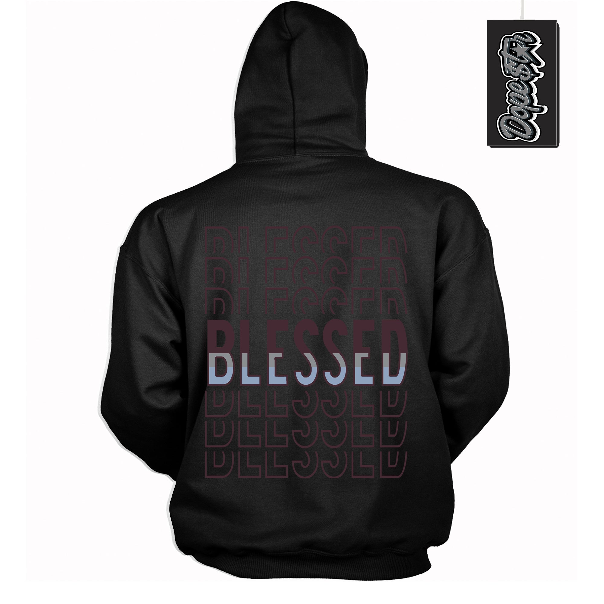 Cool Black Hoodie with “ Blessed Stacked ”  design that Perfectly Matches Burgundy 5s Sneakers.