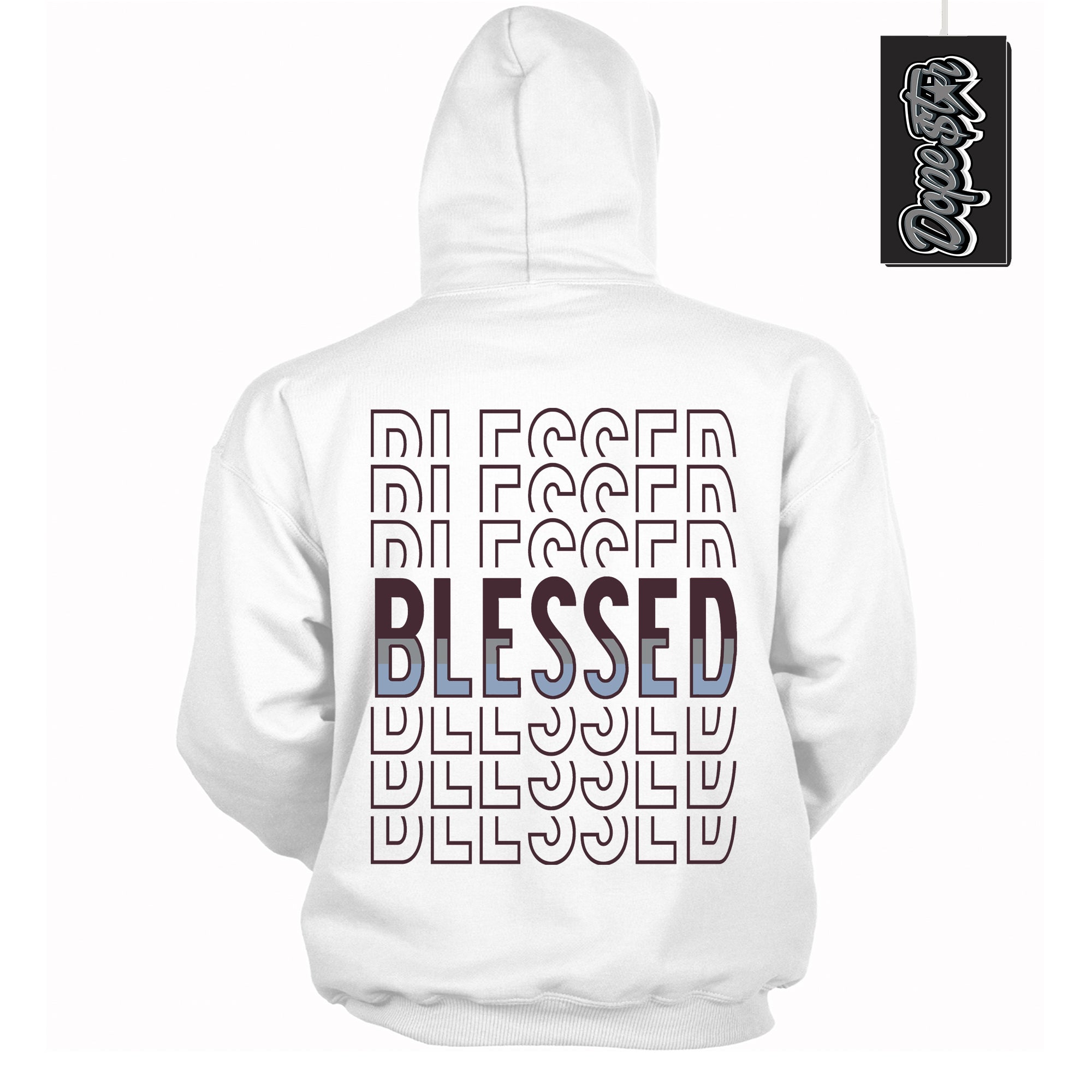 Cool White Hoodie with “ Blessed Stacked ”  design that Perfectly Matches Burgundy 5s Sneakers.