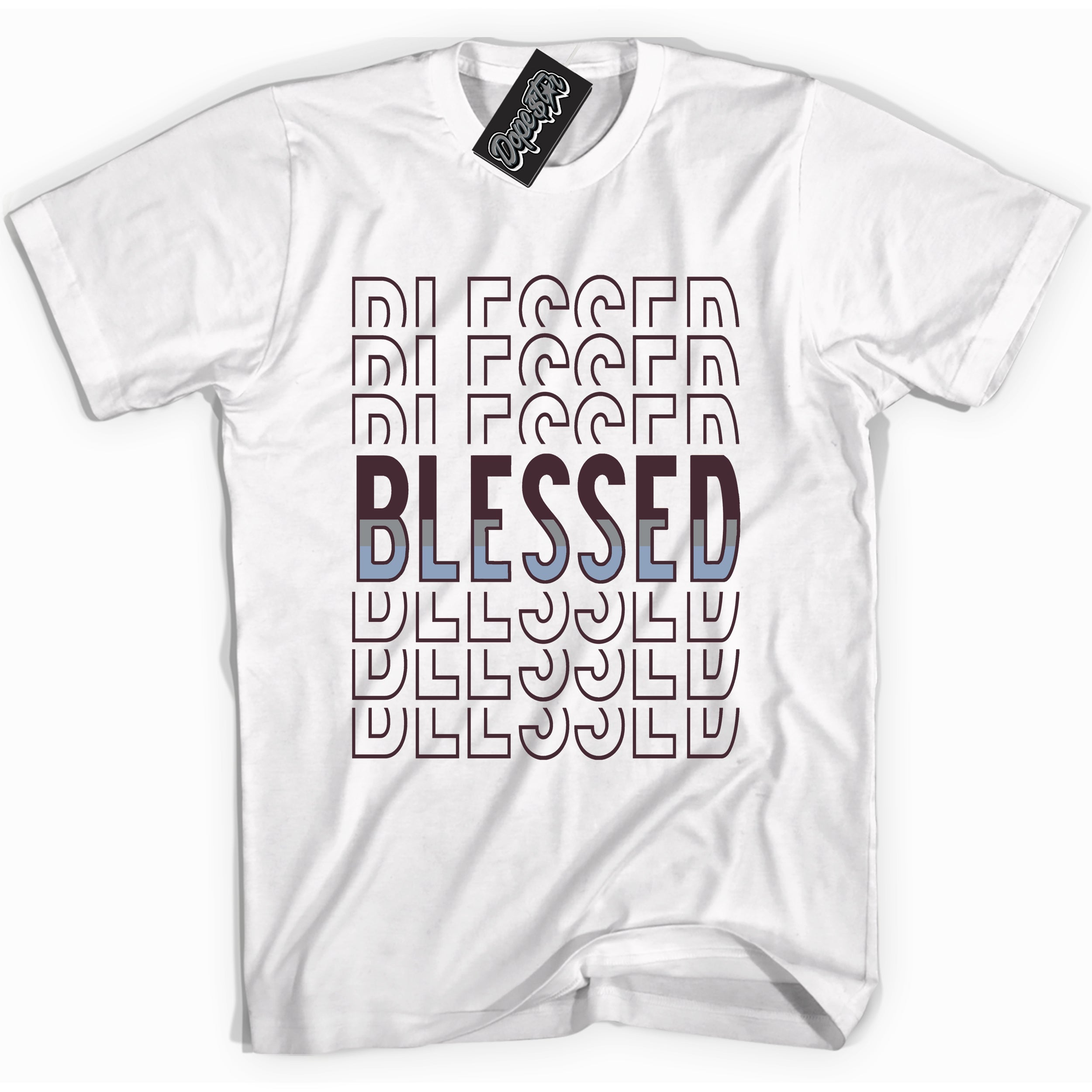 Cool White Shirt with “ Blessed Stacked” design that perfectly matches Burgundy 5s Sneakers.