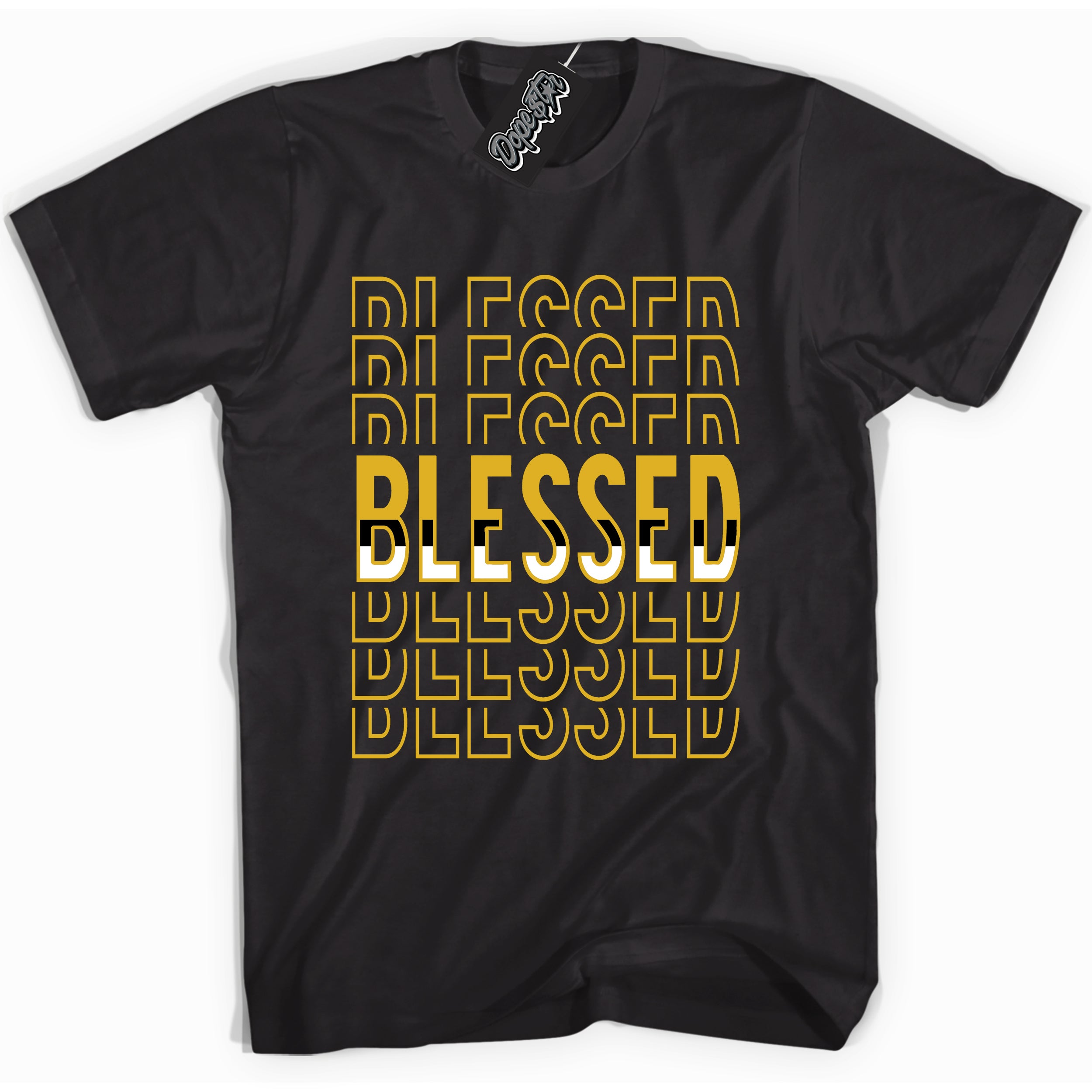 Cool black Shirt with “ Blessed Stacked” design that perfectly matches Yellow Ochre 6s Sneakers.