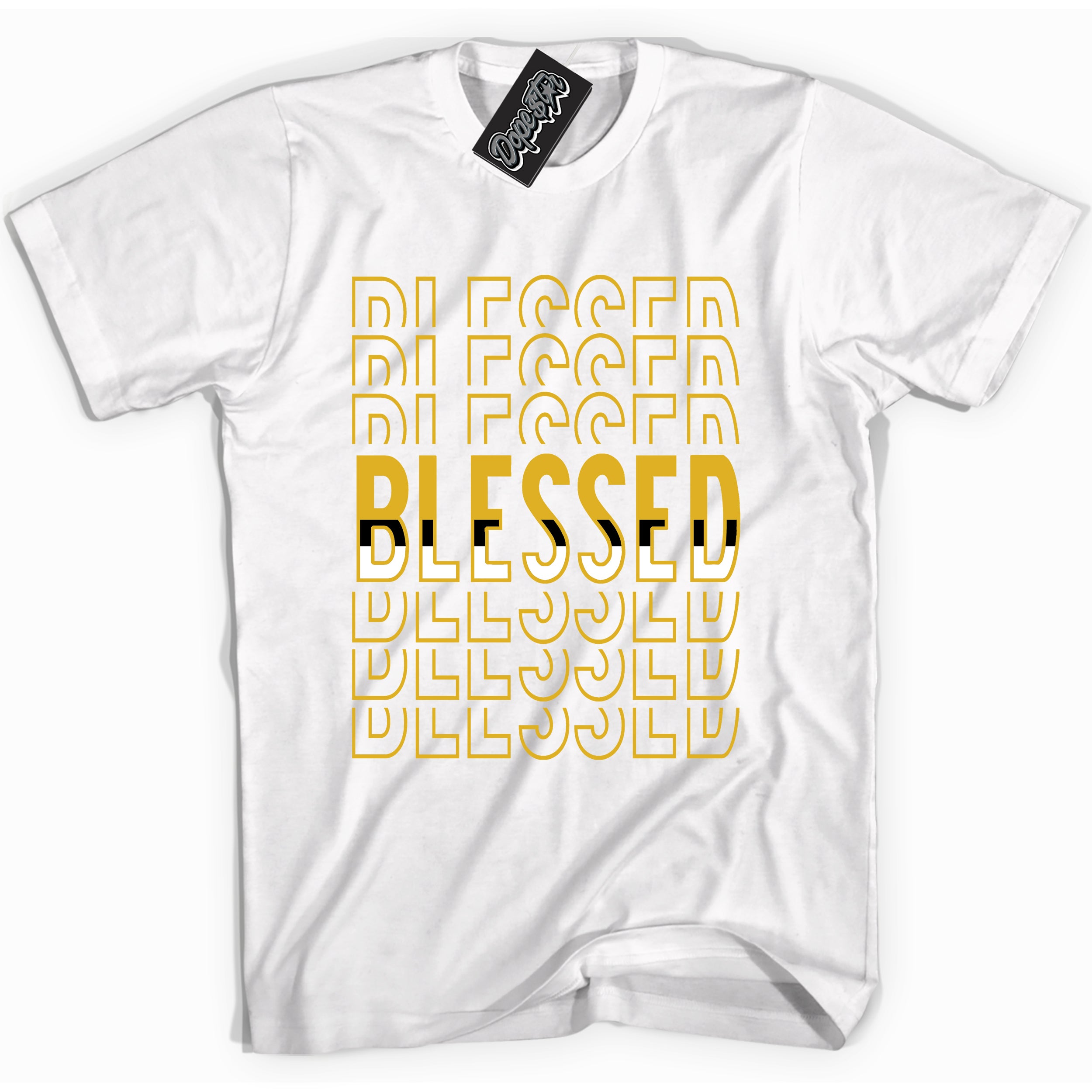 Cool white Shirt with “ Blessed Stacked ” design that perfectly matches Yellow Ochre 6s Sneakers.