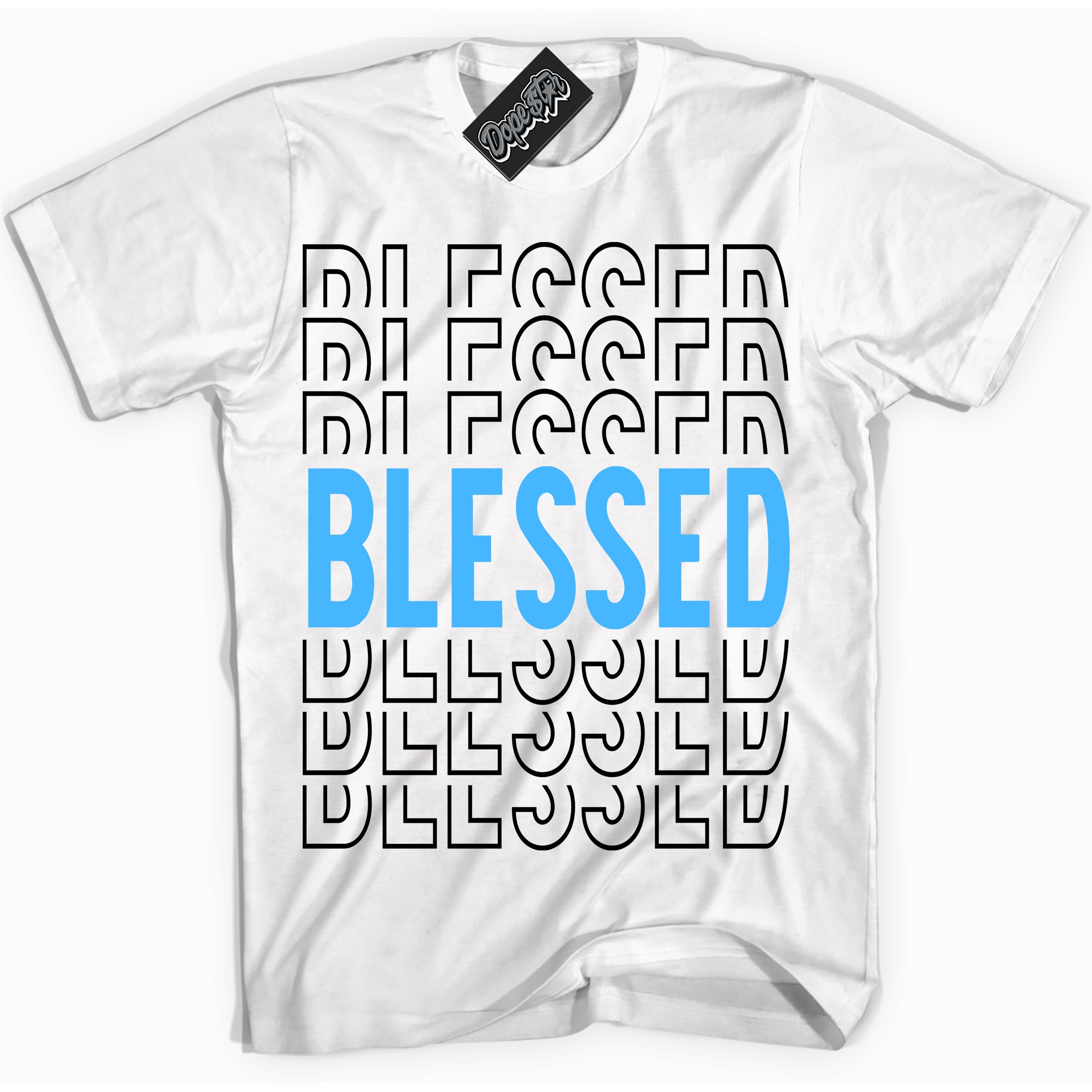 Cool White graphic tee with “ Blessed Stacked ” design, that perfectly matches Powder Blue 9s sneakers 