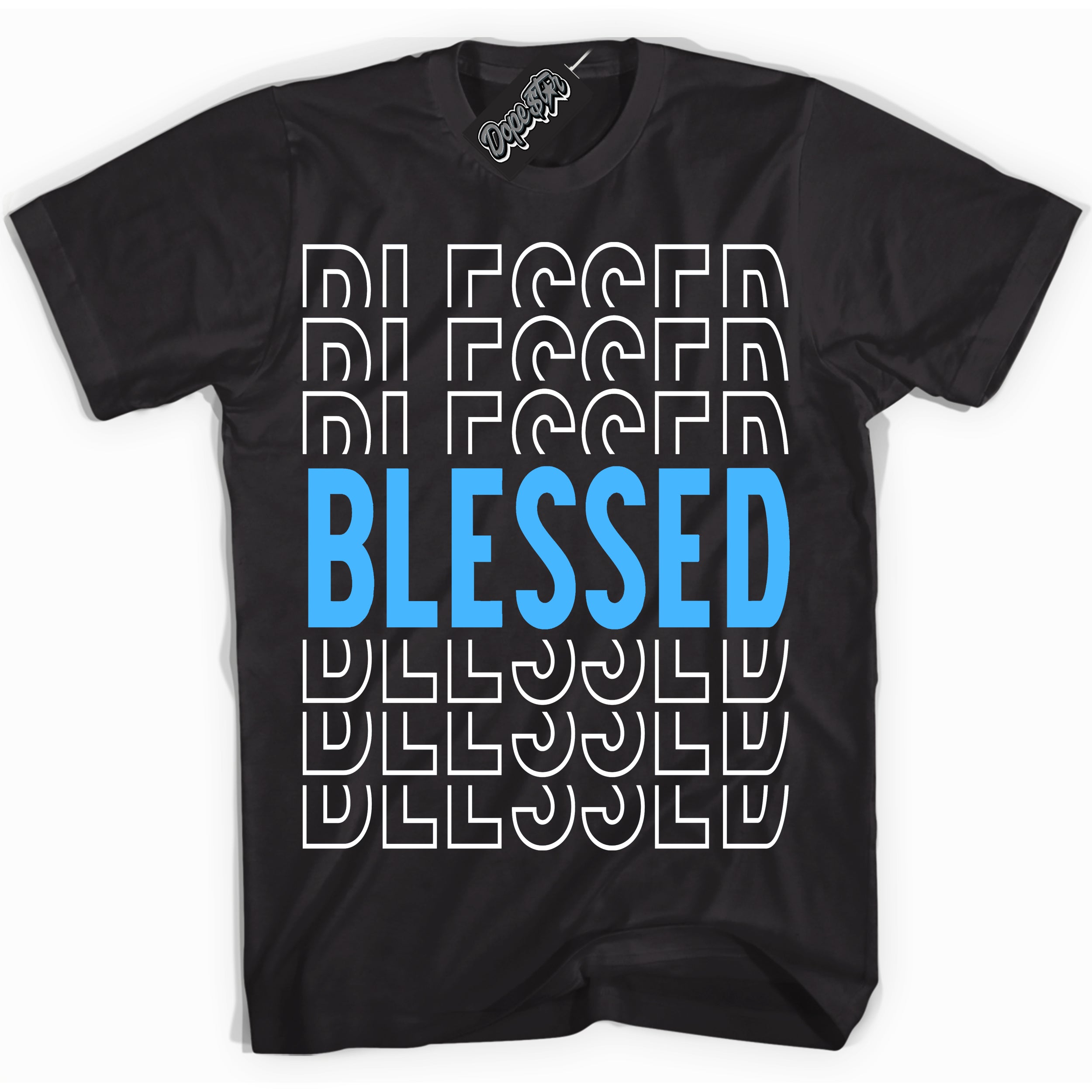 Cool Black graphic tee with “ Blessed Stacked ” design, that perfectly matches Powder Blue 9s sneakers 