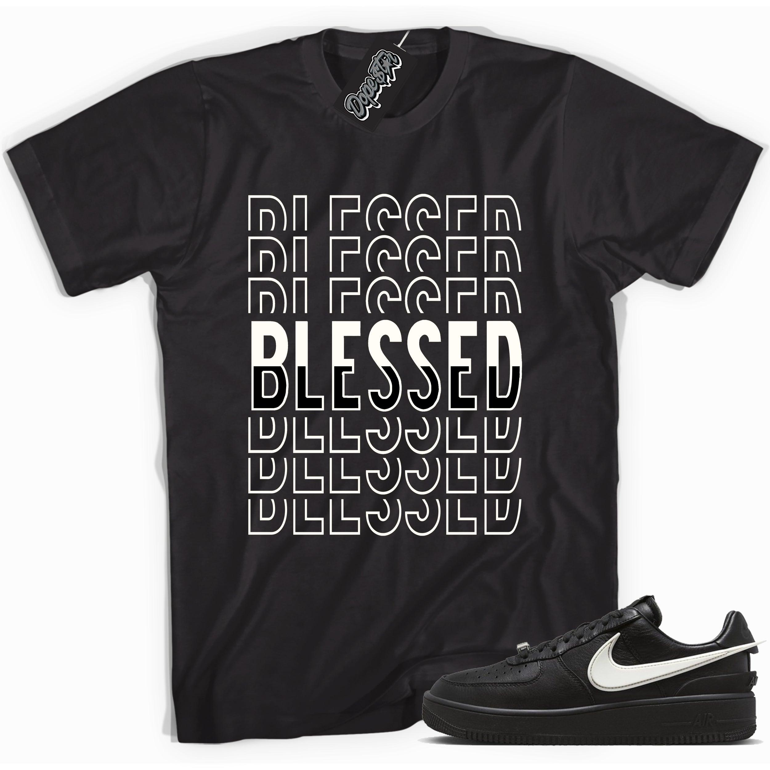Cool black graphic tee with 'blessed' print, that perfectly matches Nike Air Force 1 Low SP Ambush Phantom sneakers.
