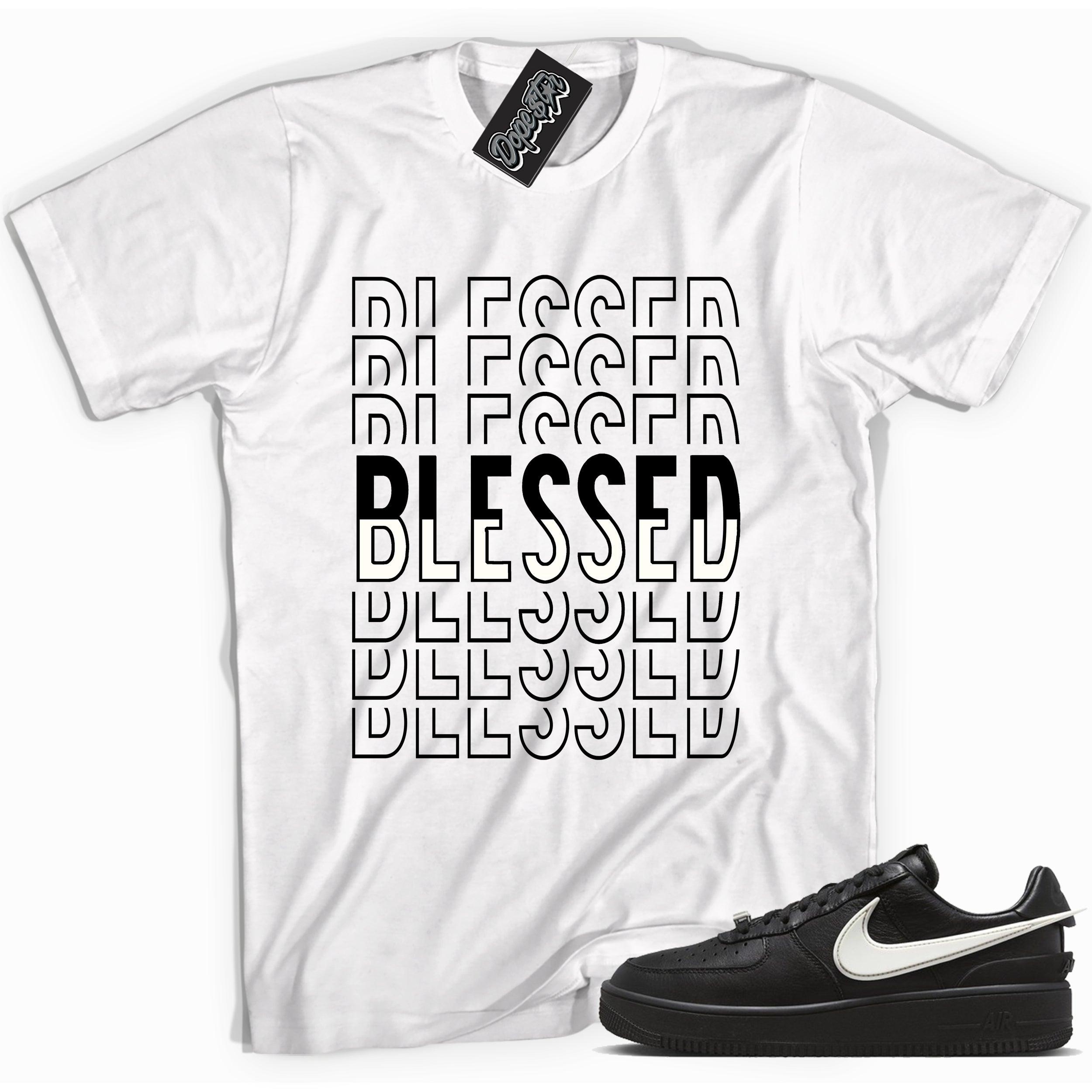 Cool white graphic tee with 'blessed' print, that perfectly matches Nike Air Force 1 Low SP Ambush Phantom sneakers.