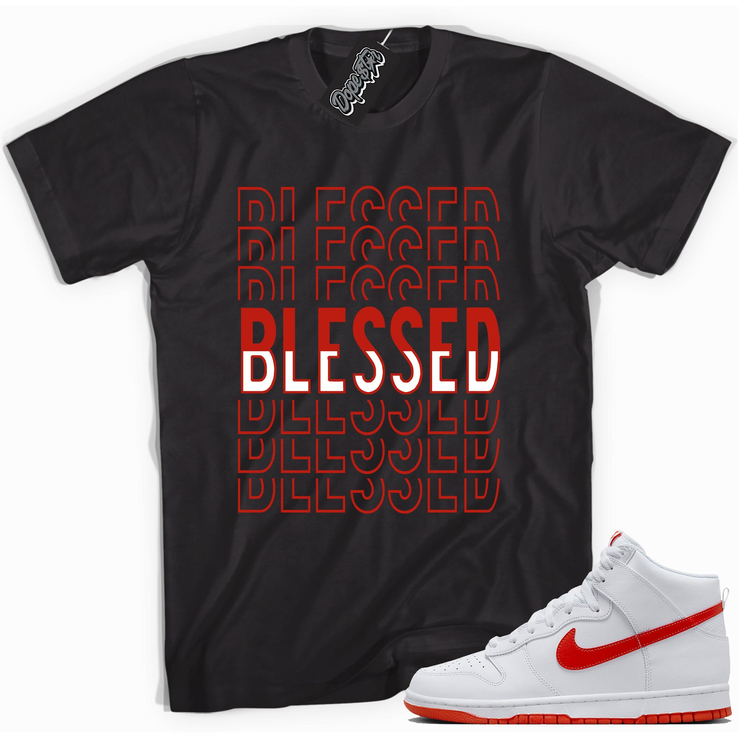 Cool black graphic tee with 'blessed' print, that perfectly matches Nike Dunk High White Picante Red sneakers.
