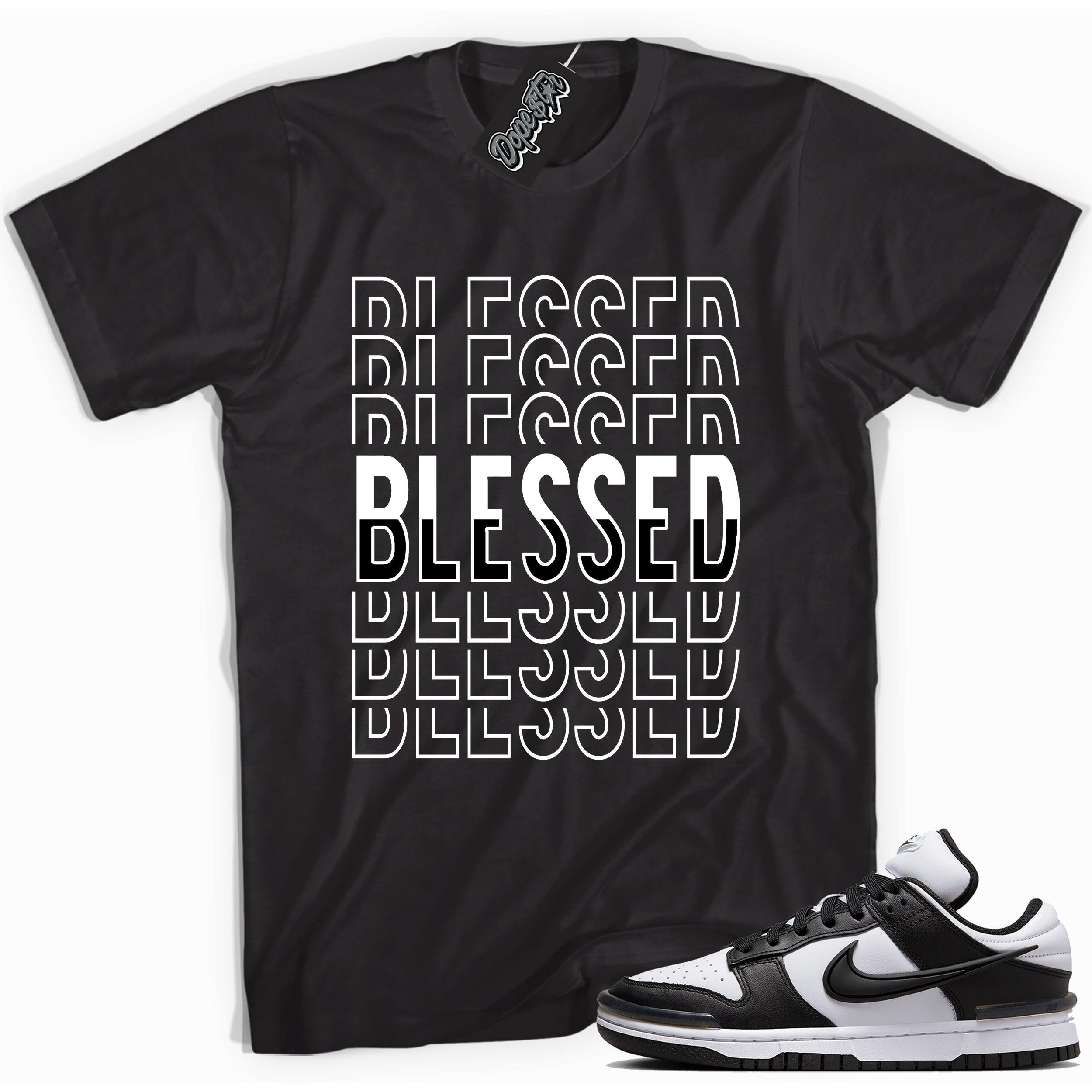 Cool black graphic tee with 'blessed' print, that perfectly matches Nike Dunk Low Twist Panda sneakers.