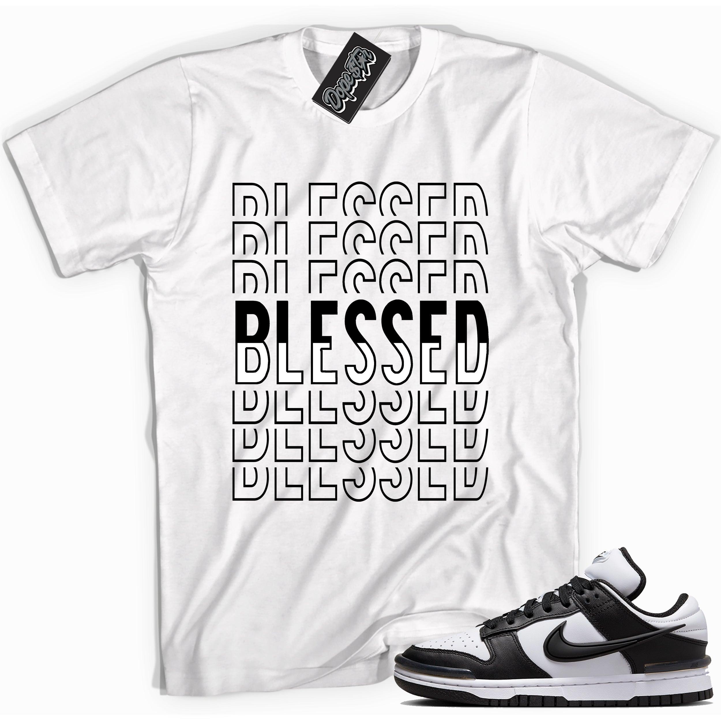 Cool white graphic tee with 'blessed' print, that perfectly matches Nike Dunk Low Twist Panda sneakers.
