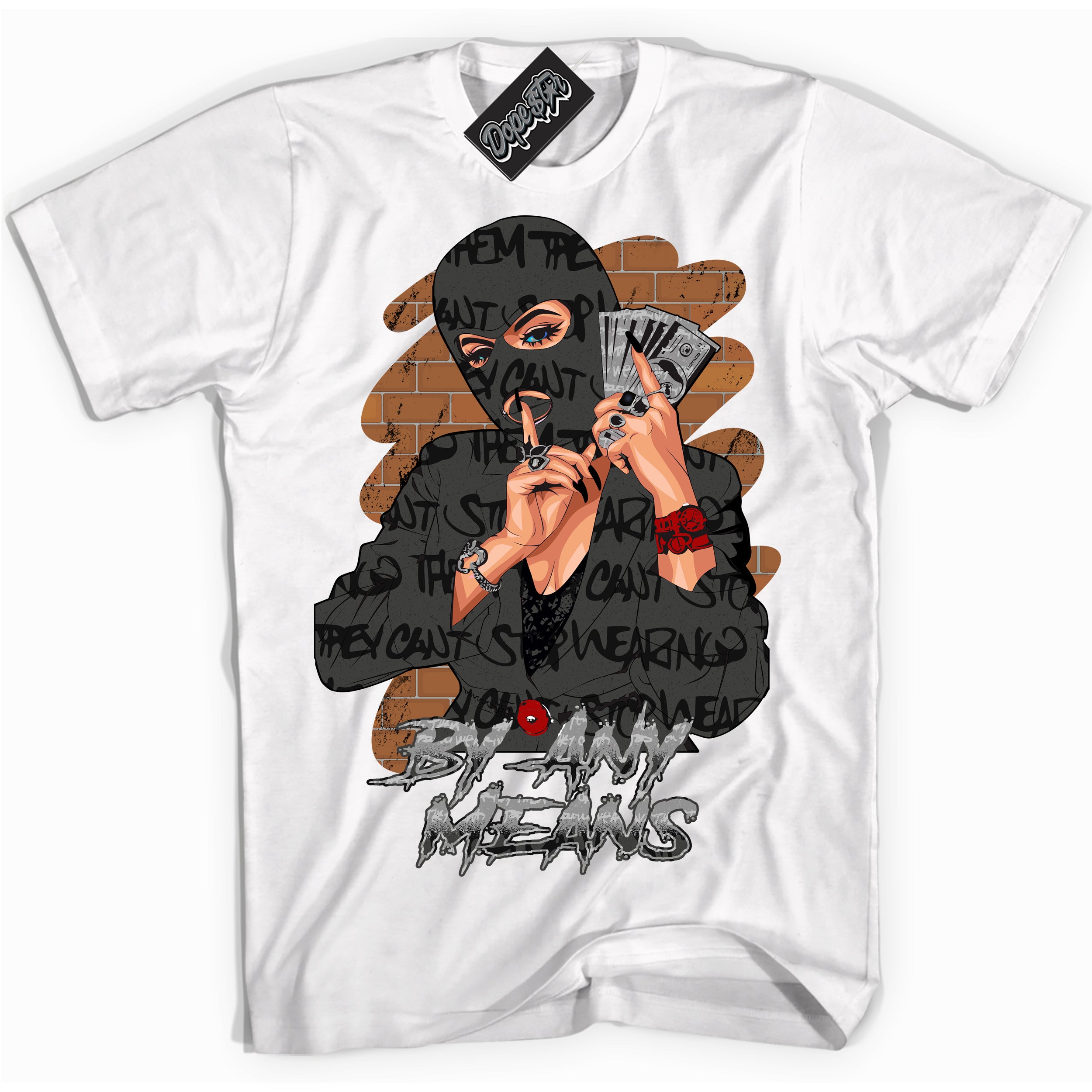 Cool White Shirt with “ By Any Means ” design that perfectly matches Rebellionaire 1s Sneakers.