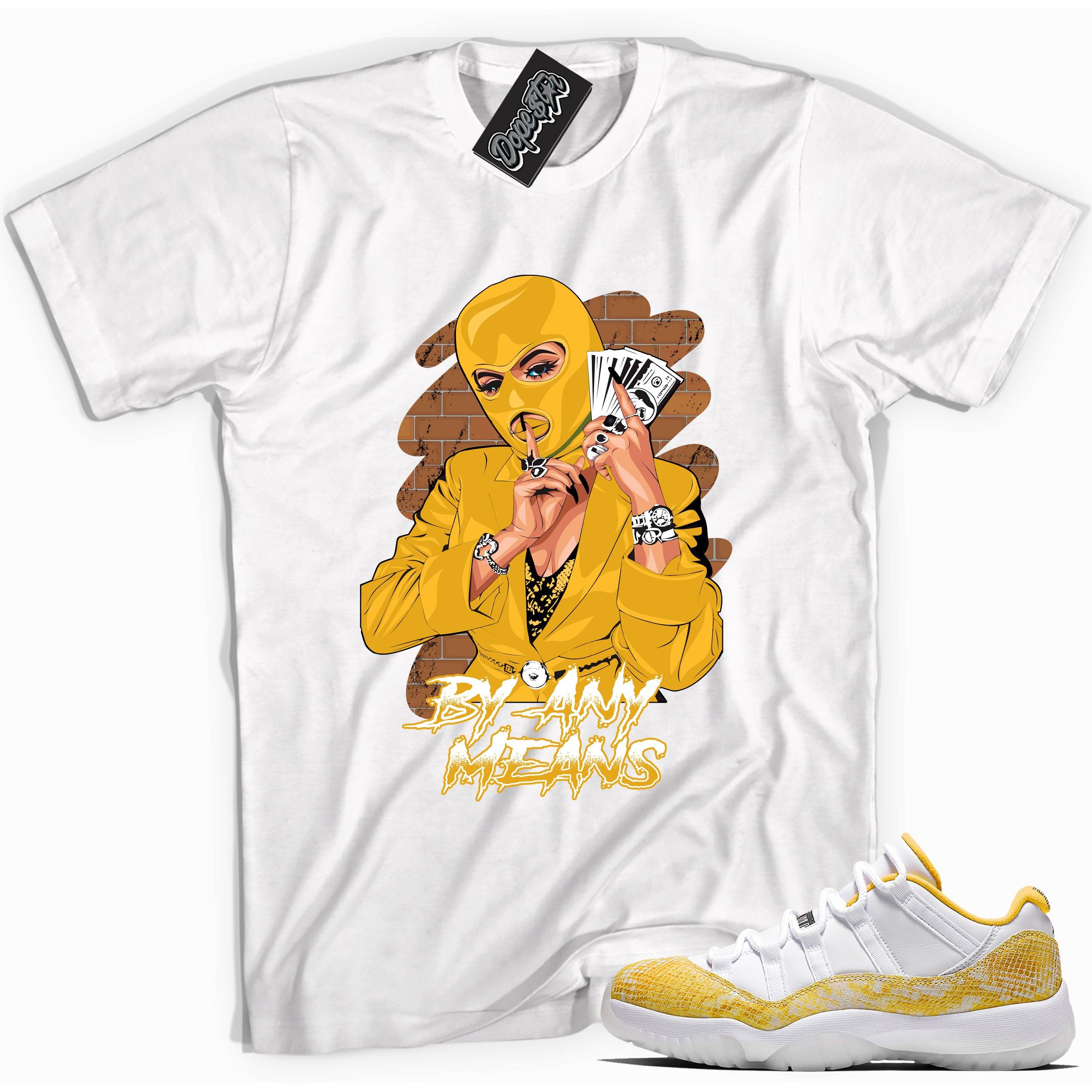 Cool white graphic tee with 'by any means' print, that perfectly matches Air Jordan 11 Low Yellow Snakeskin sneakers