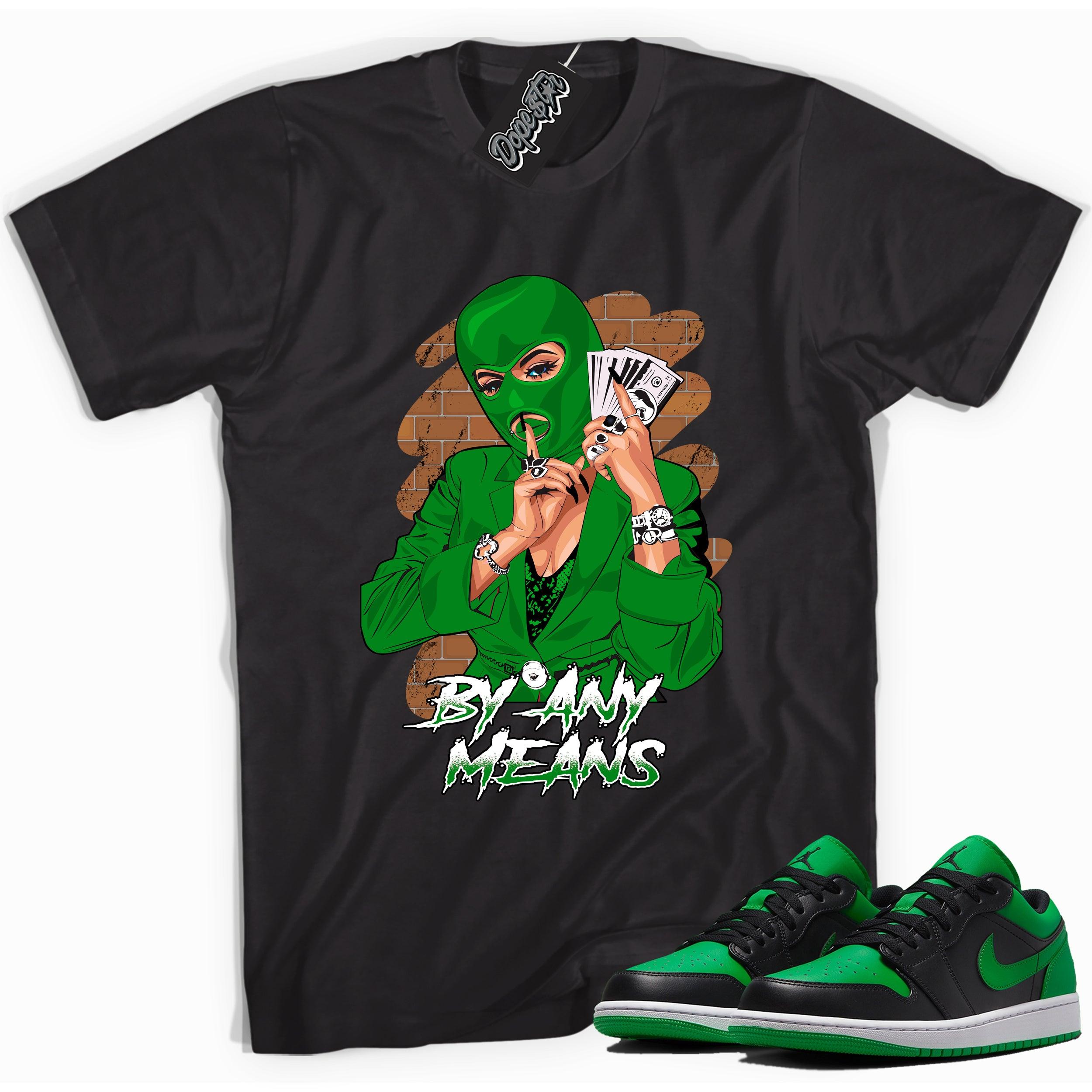 Cool black graphic tee with 'by any means' print, that perfectly matches Air Jordan 1 Low Lucky Green sneakers