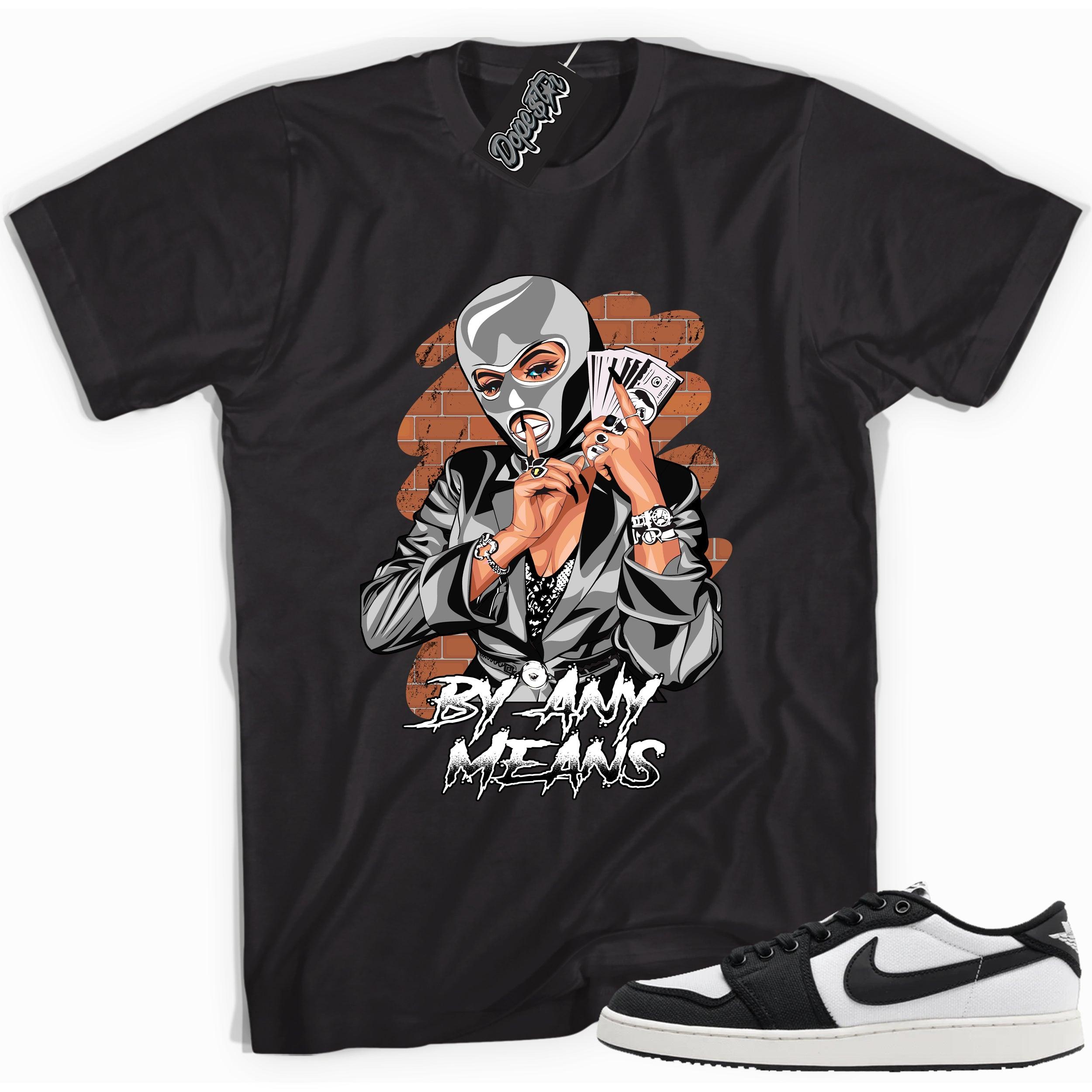 Cool black graphic tee with 'by any means' print, that perfectly matches Air Jordan 1 Retro Ajko Low Black & White sneakers.