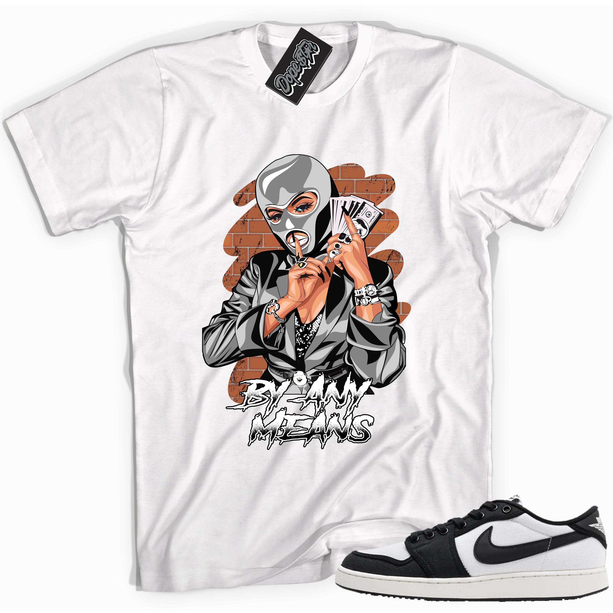 Cool white graphic tee with 'by any means' print, that perfectly matches Air Jordan 1 Retro Ajko Low Black & White sneakers.