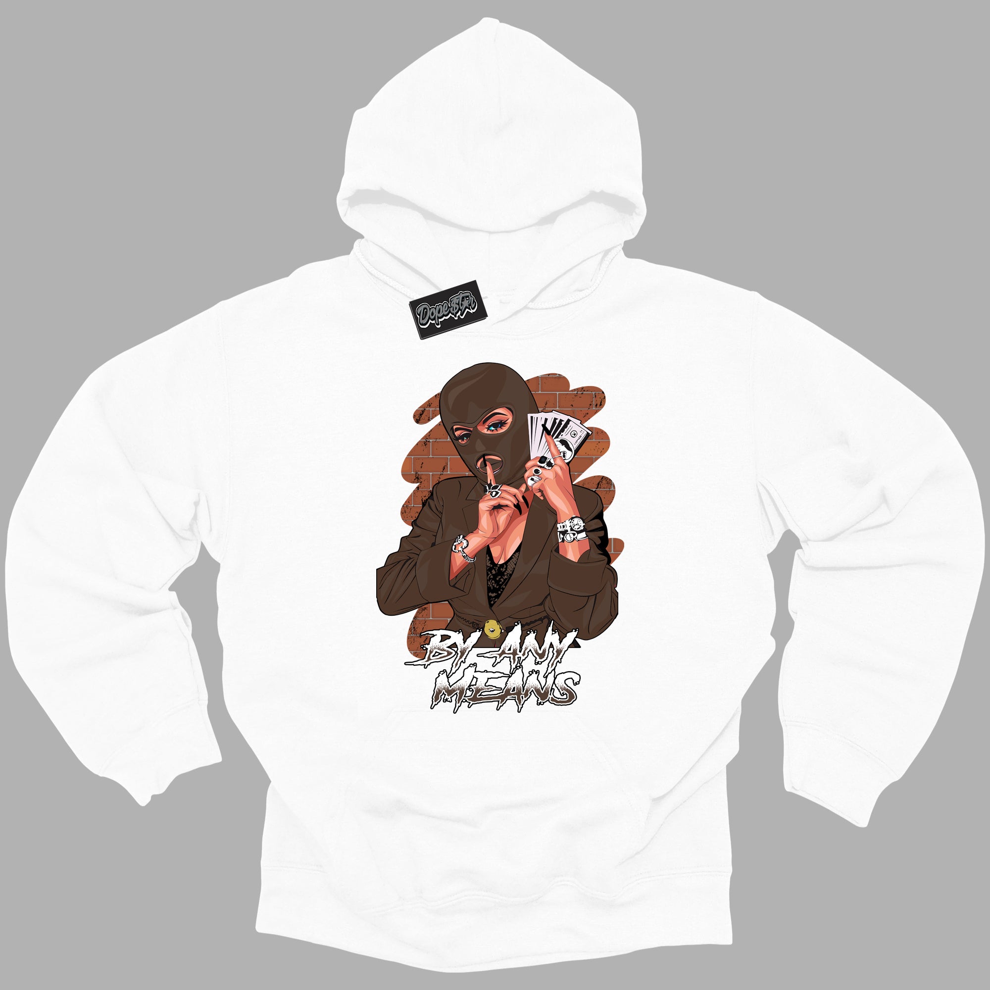 Cool White Graphic DopeStar Hoodie with “ By Any Means “ print, that perfectly matches Palomino 1s sneakers