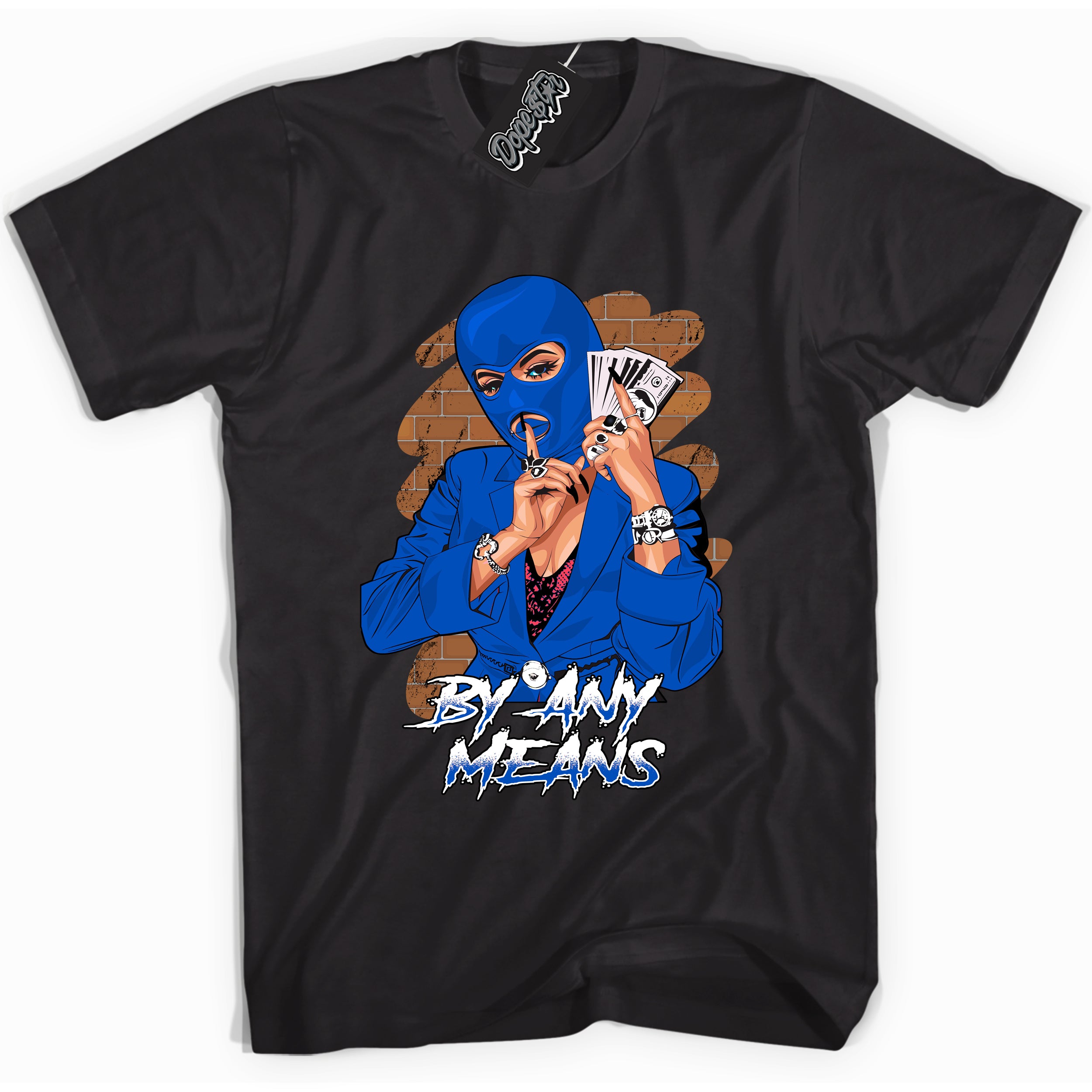 Cool Black graphic tee with "By Any Means" design, that perfectly matches Royal Reimagined 1s sneakers 