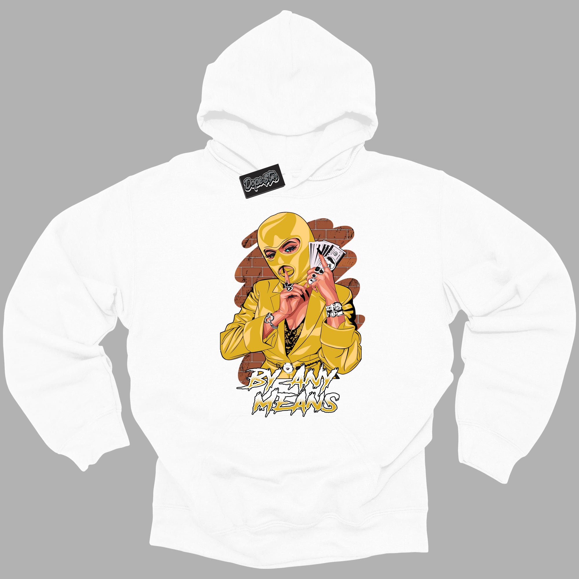 Cool White Hoodie with “By Any Means ”  design that Perfectly Matches Yellow Ochre 6s Sneakers.