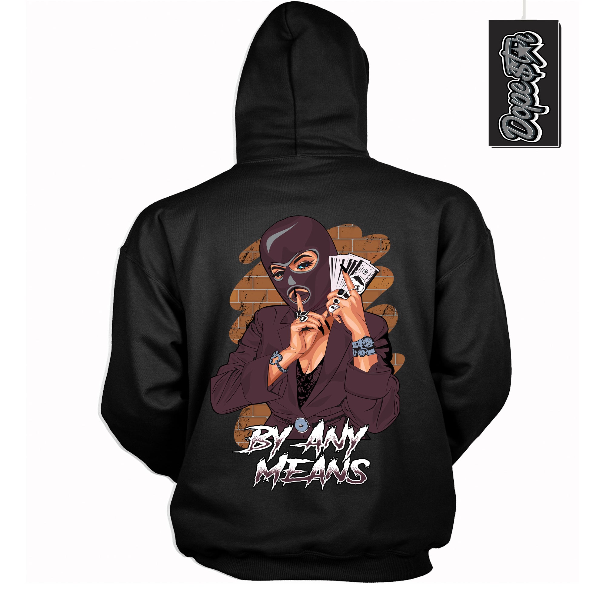 Cool Black Hoodie with “ By Any Means ”  design that Perfectly Matches Burgundy 5s Sneakers.