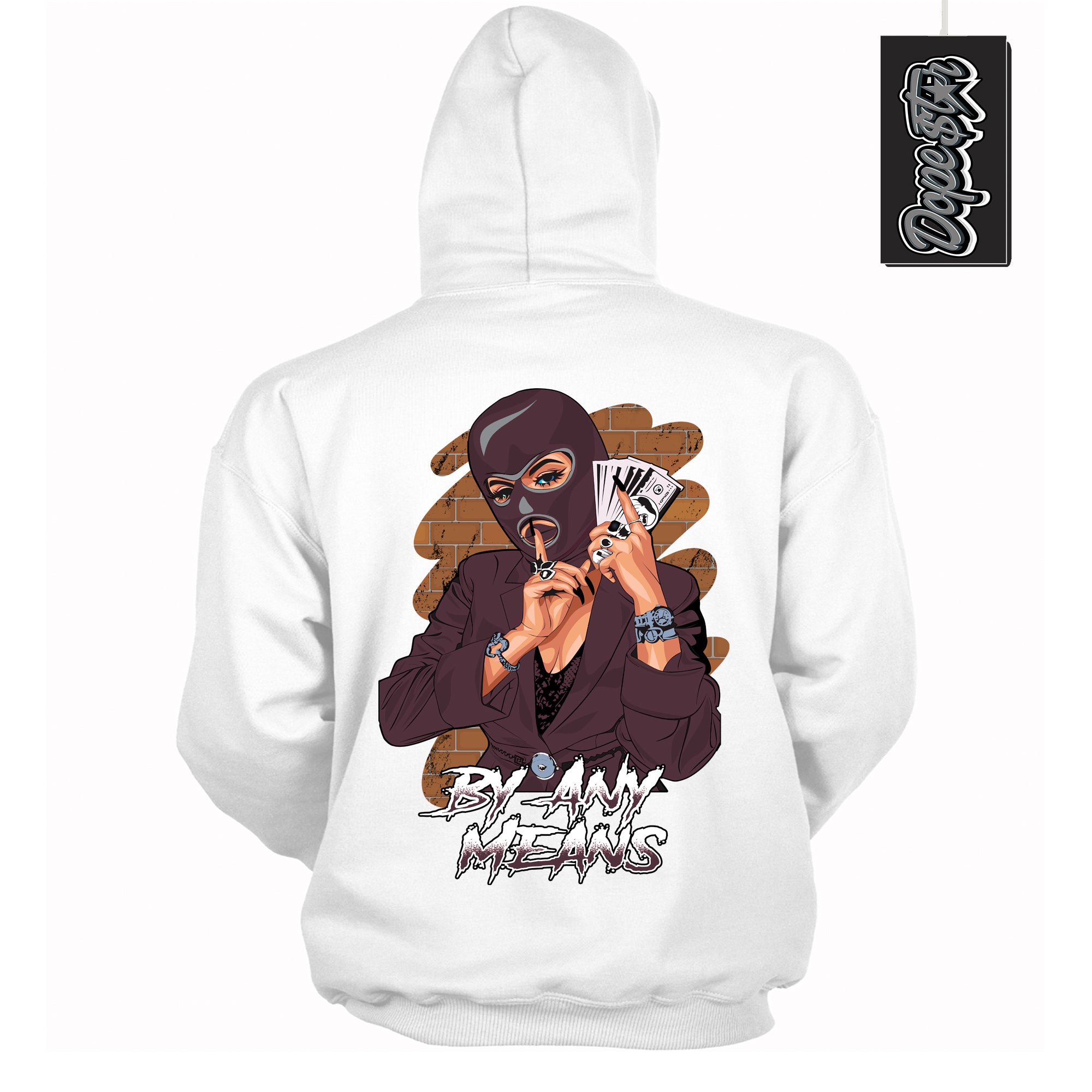 Cool White Hoodie with “ By Any Means ”  design that Perfectly Matches Burgundy 5s Sneakers.