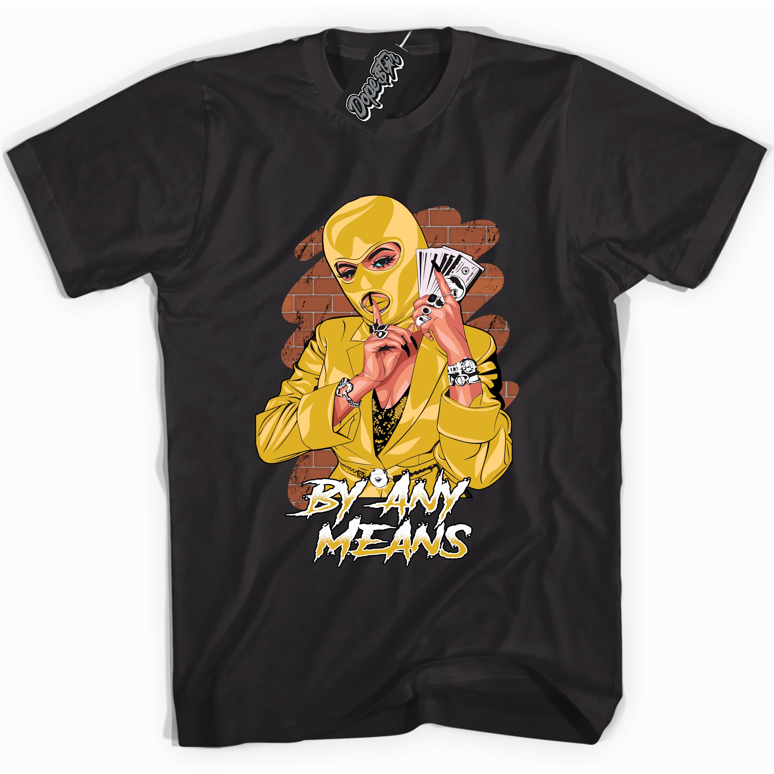 Cool black Shirt with “ By Any Means” design that perfectly matches Yellow Ochre 6s Sneakers.