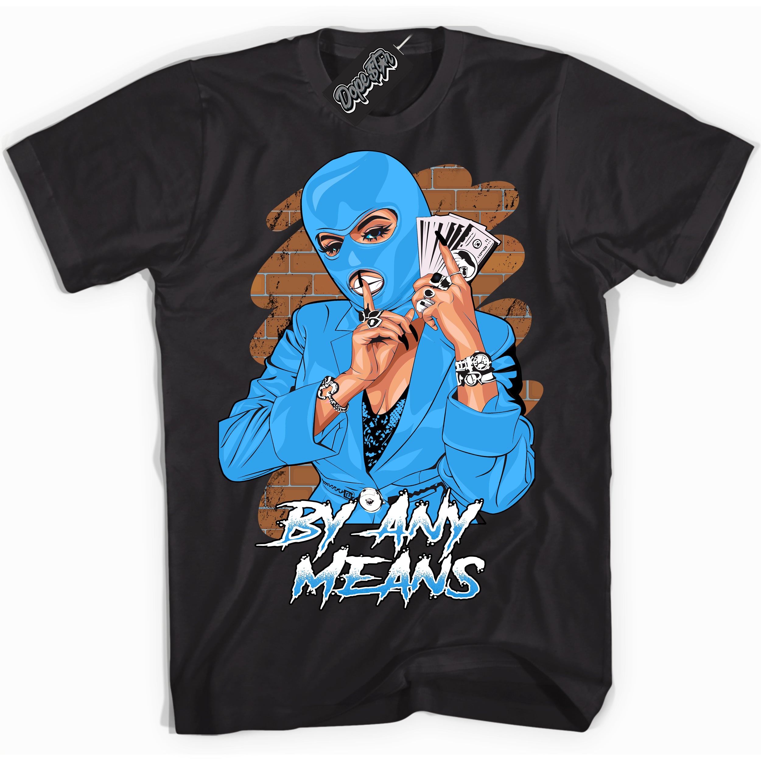 Cool Black graphic tee with “ By Any Means ” design, that perfectly matches Powder Blue 9s sneakers 
