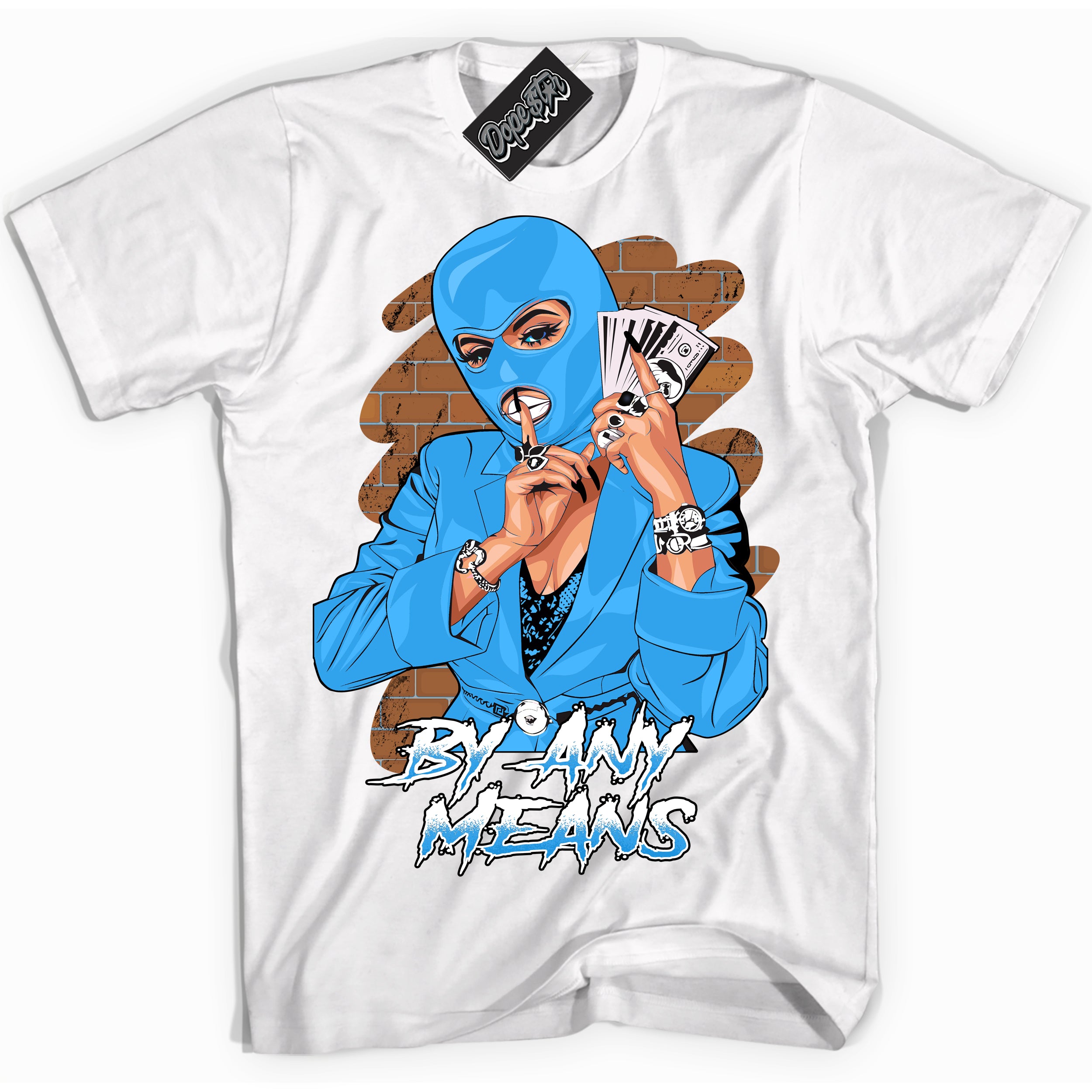 Cool White graphic tee with “ By Any Means ” design, that perfectly matches Powder Blue 9s sneakers 