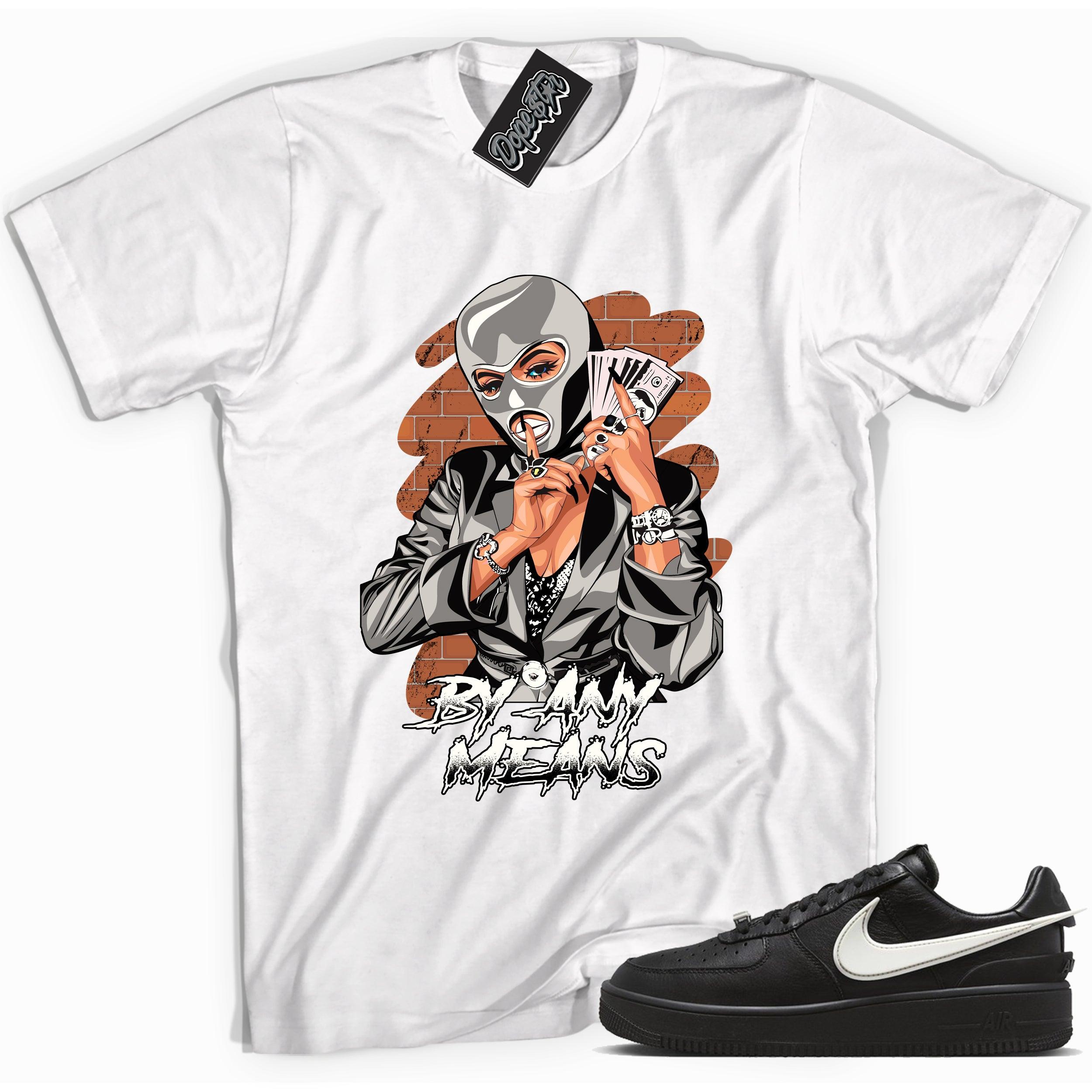 Cool white graphic tee with 'by any means' print, that perfectly matches Nike Air Force 1 Low Ambush Phantom Black sneakers